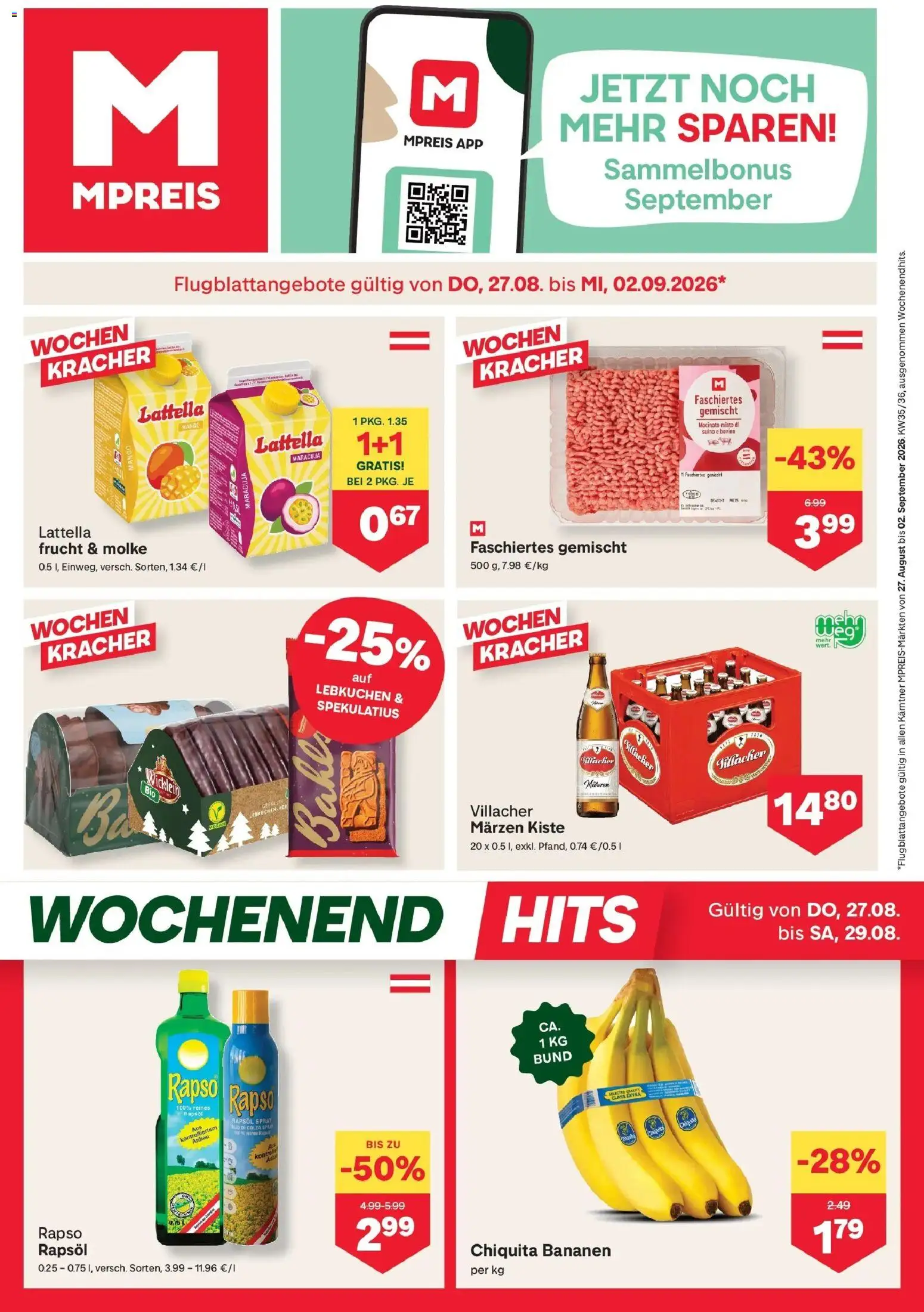 MPREIS Velden von 27.08.2026 - Aktuelle Angebote | Seite: 1 | Produkte: Mango, Rapsöl, Bananen, Lebkuchen