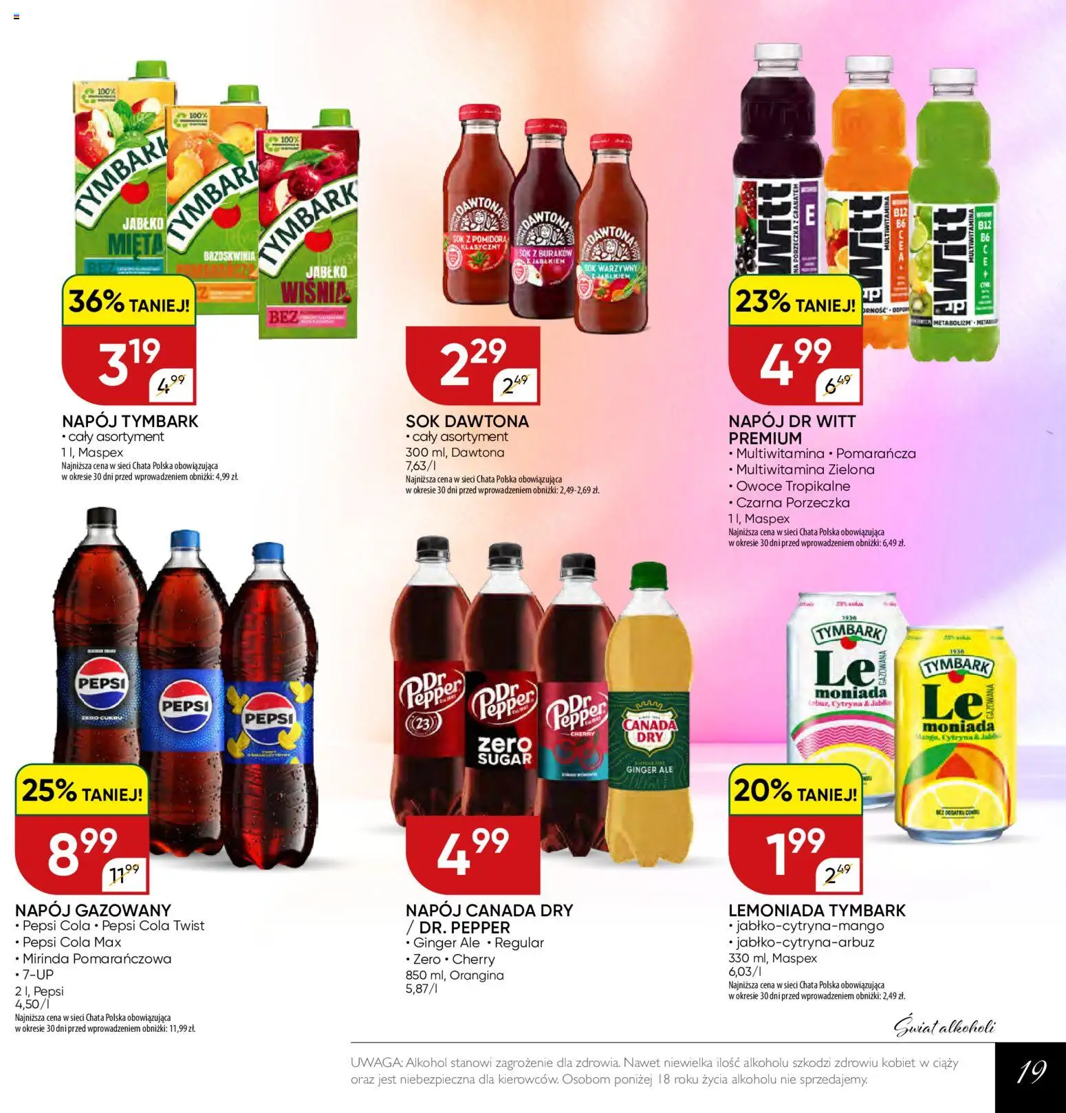 Chata Polska gazetka - Mocna Oferta od 07.07.2026 | Strona: 19 | Produkty: Brzoskwinia, Ginger Ale, Sok z buraków, Pepsi