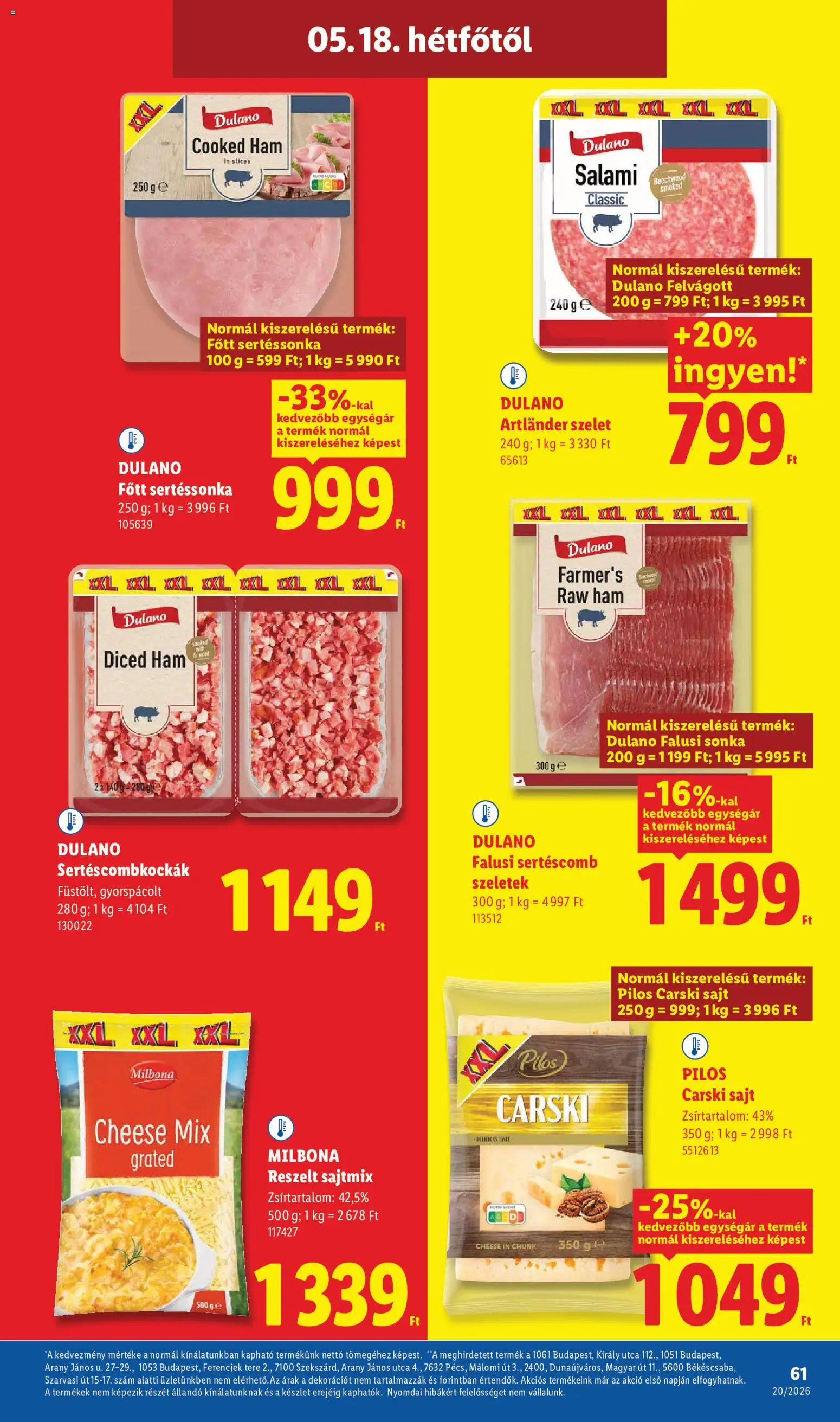 Lidl akciós ujság - amely érvényes a következő dátumtól: 14.05.2026 | Oldal: 61 | Termékek: Sertéscomb, Sonka, Sajt, Felvágott