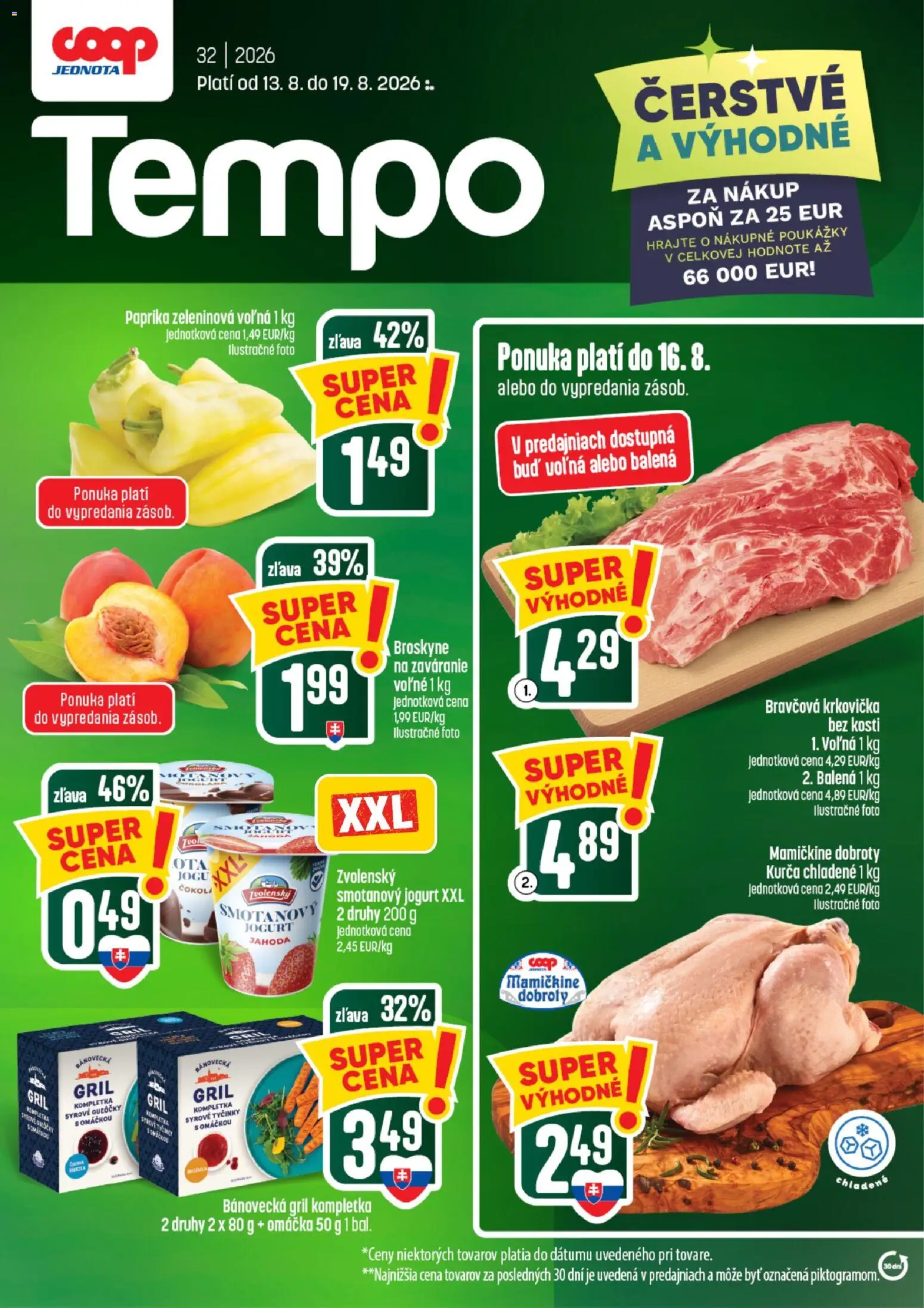 Nové COOP Jednota akcie – leták je platný od 13.08.2026 | Strana: 1 | Produkty: Gril, Bravčová krkovička, Smotanový jogurt, Omáčka