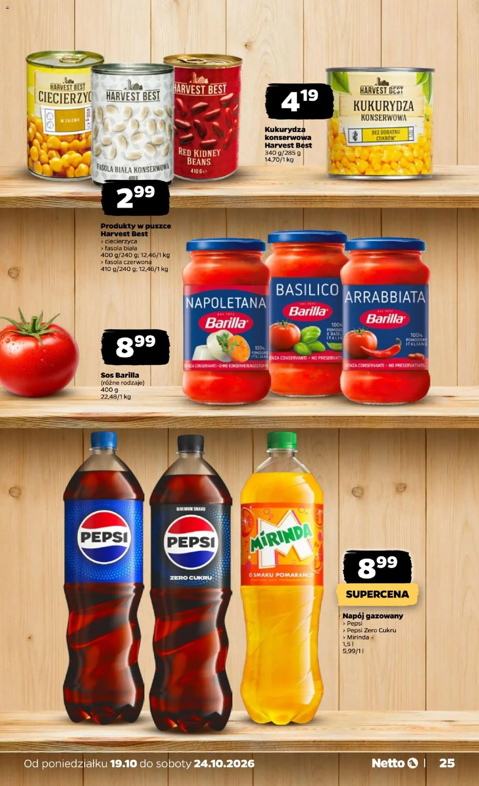 Netto gazetka od poniedziałku od 19.10.2026 | Strona: 25 | Produkty: Ciecierzyca w zalewie, Pepsi, Ciecierzyca, Sok