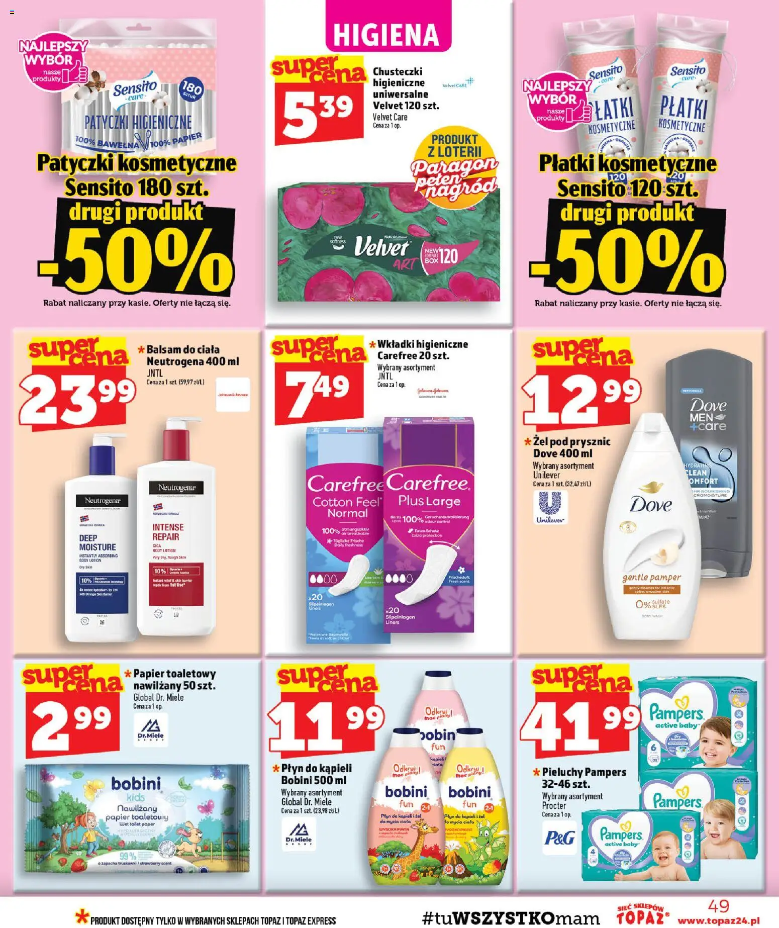 Topaz gazetka - Ceny małe na stałe od 08.10.2026 | Strona: 49 | Produkty: Chusteczki, Płyn do kąpieli, Płatki, Pieluchy