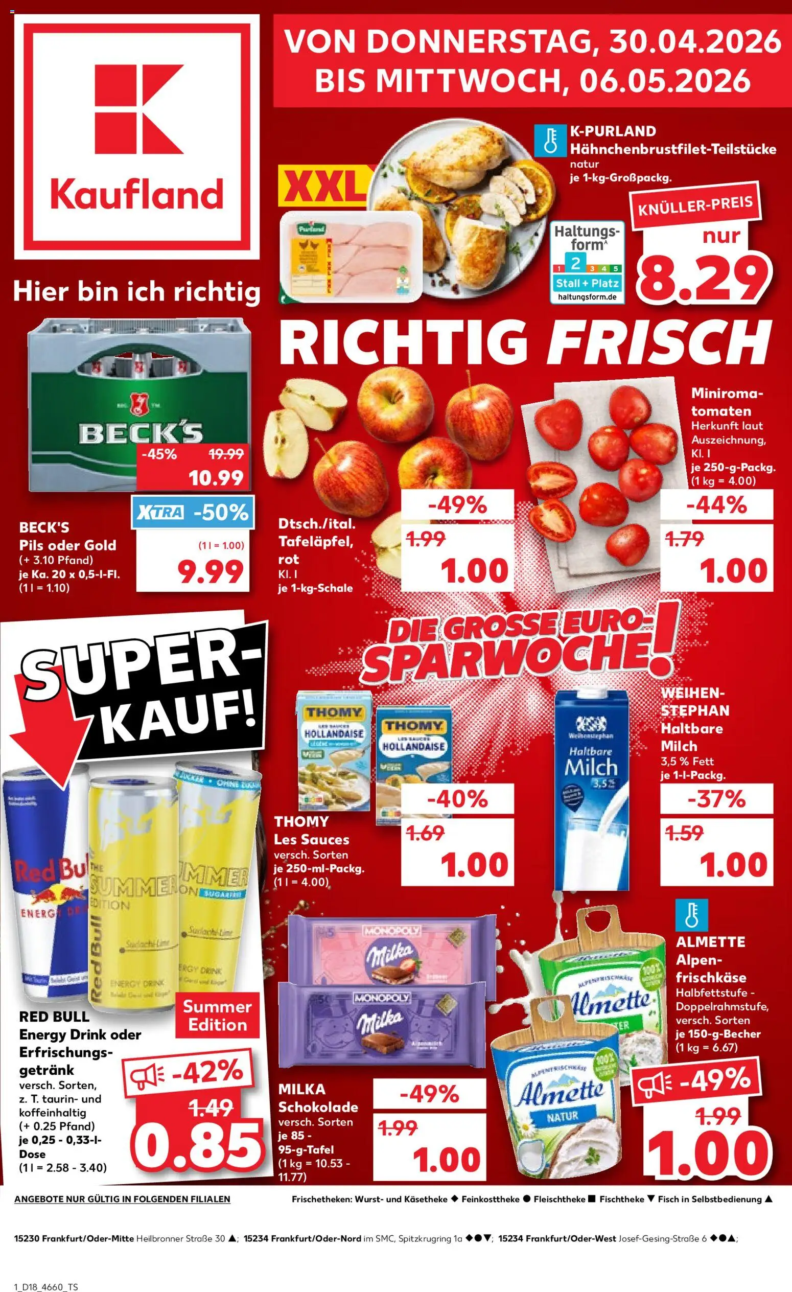 Kaufland Prospekt Frankfurt (Oder)	 – gültig ab 30.04.2026 | Seite: 1 | Produkte: Milch, Milka schokolade, Tomaten, Wurst