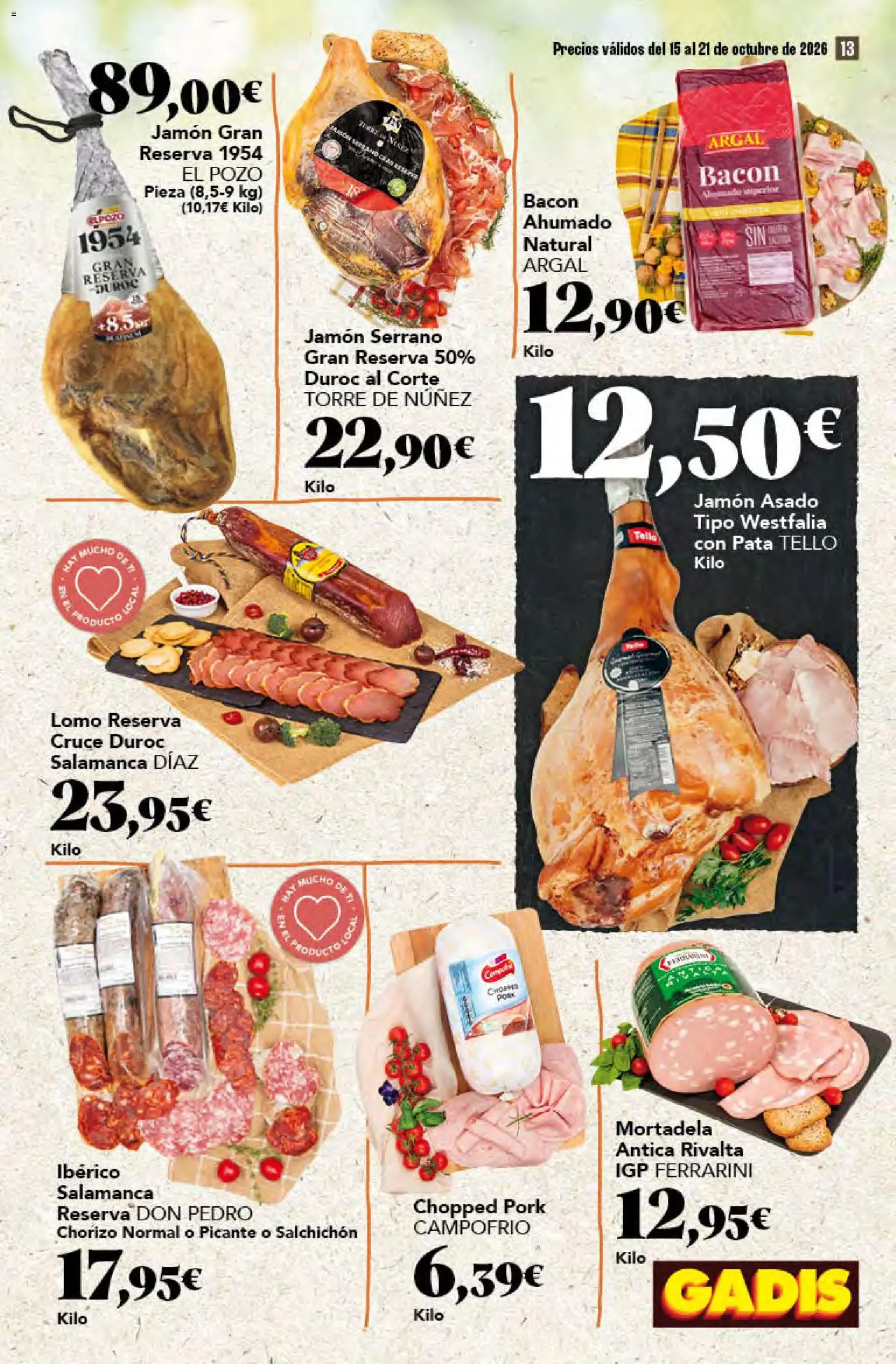 Gadis - folleto │ válido desde el 15/10/2026 | Página: 13 | Productos: Jamón serrano, Jamón, Mortadela, Bacon