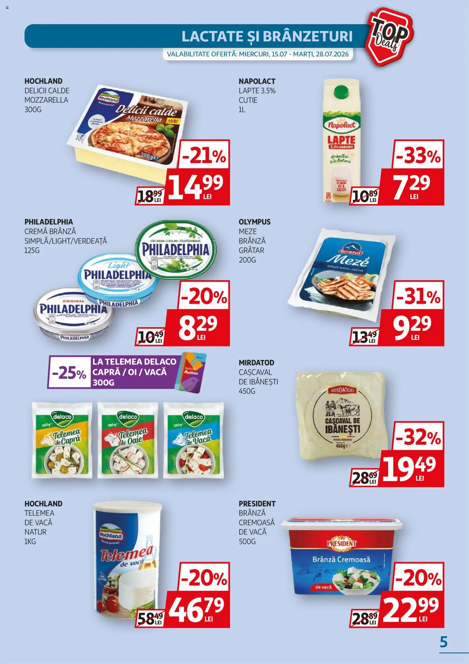 Noul catalog Auchan – valabil de la 15.07.2026 | Pagină: 5 | Produse: Cutie, Mozzarella, Brânză, Planche de surf