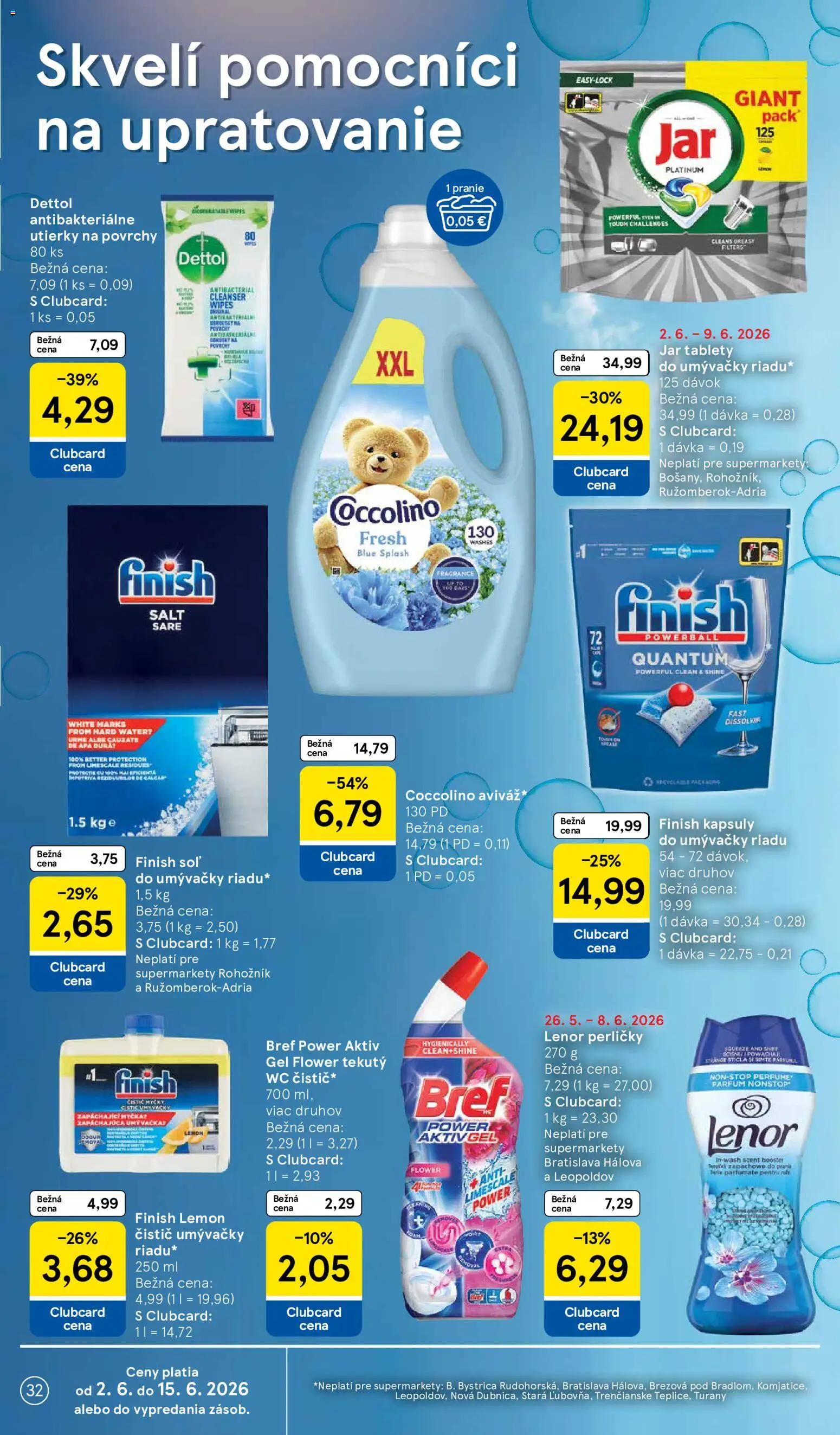 Nové Tesco akcie – leták je platný od 03.06.2026 | Strana: 32 | Produkty: Tablety do umývačky riadu, Soľ, Coccolino, Jar