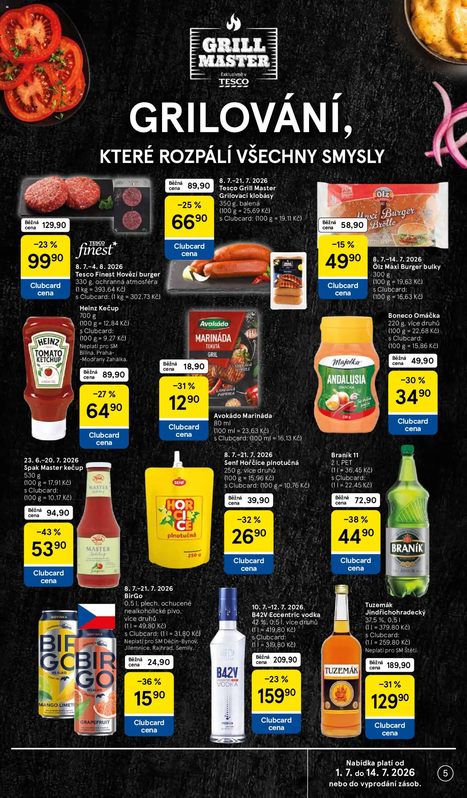 Tesco leták - Supermarket od 08.07.2026 | Strana: 5 | Produkty: Rum, Burger buns, Hořčice, Gril