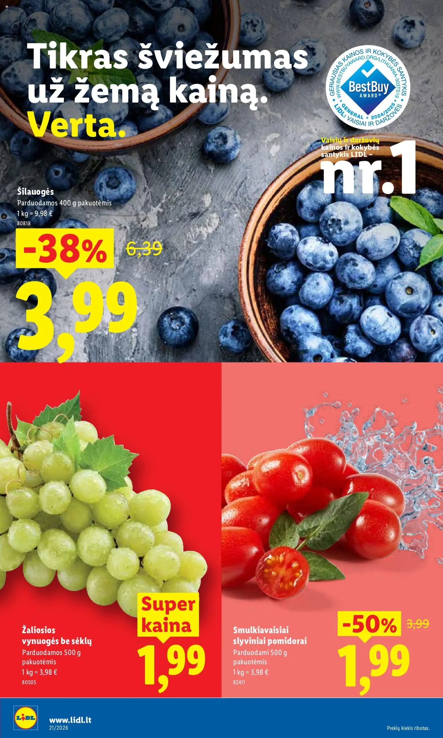 LIDL akcijos nuo 18.05.2026 | Puslapis: 38 | Prekių: Šilauogės, Vynuogės, Pomidorai