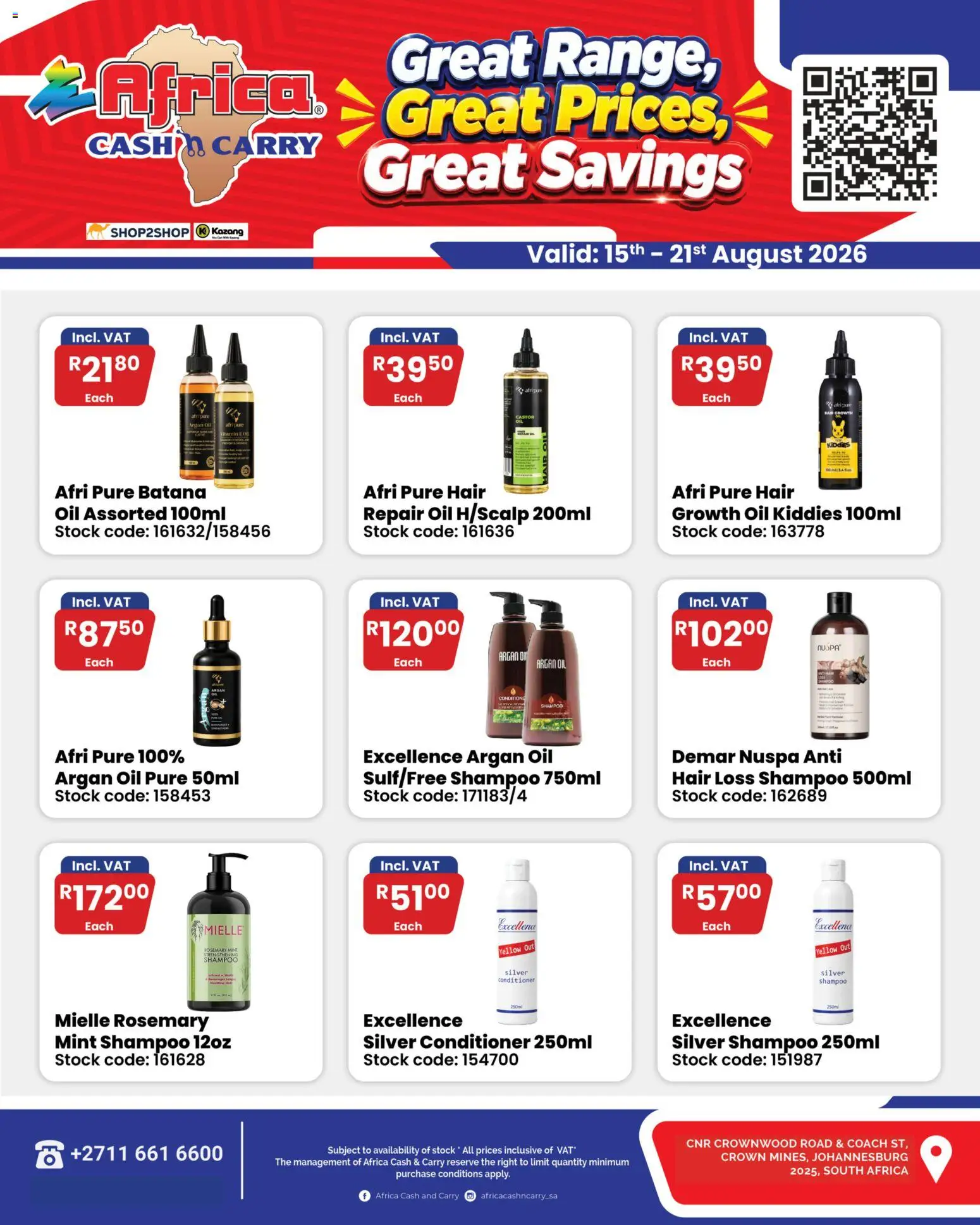New Africa Cash & Carry catalogue – valid from 15/08/2026 | Page: 1 | Products: Shampoo, Conditioner, Hair oil, Stock