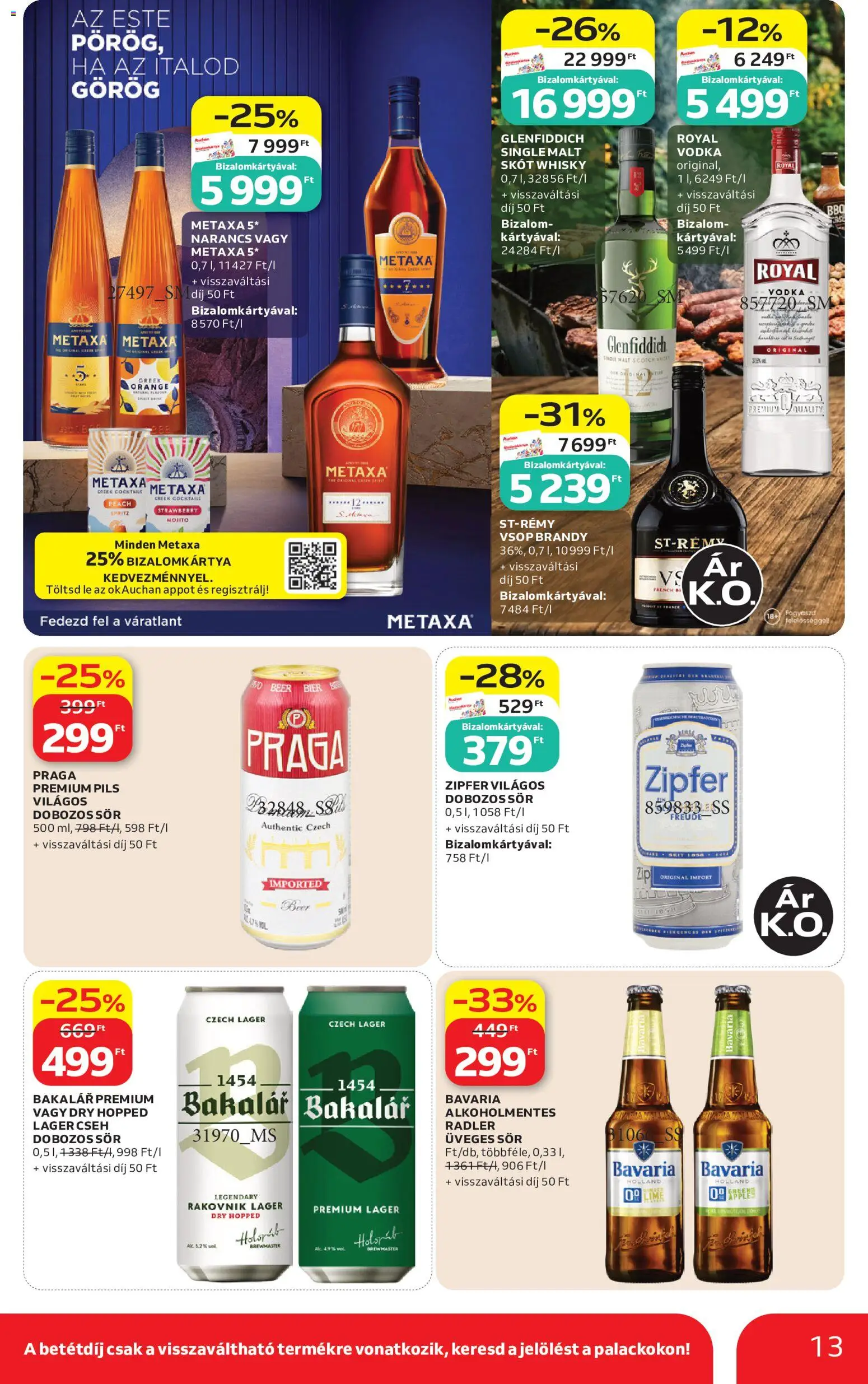 Auchan akciós ujság - amely érvényes a következő dátumtól: 2026.08.13. | Oldal: 13 | Termékek: Lé, Brandy, Narancs, Whisky