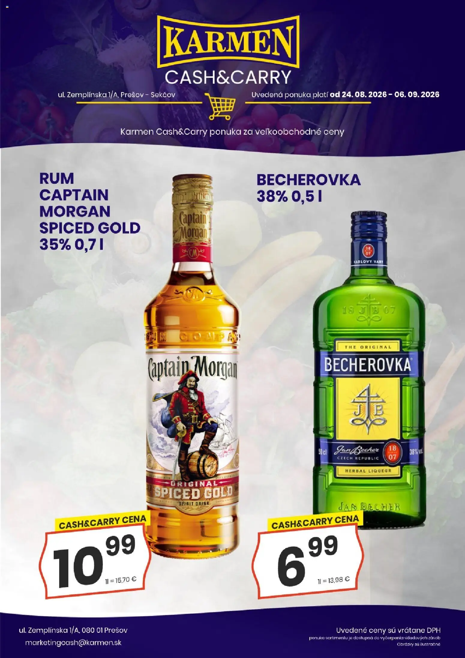 Nové KARMEN CBA akcie – leták je platný od 24.08.2026 | Strana: 1 | Produkty: Becherovka, Captain Morgan
