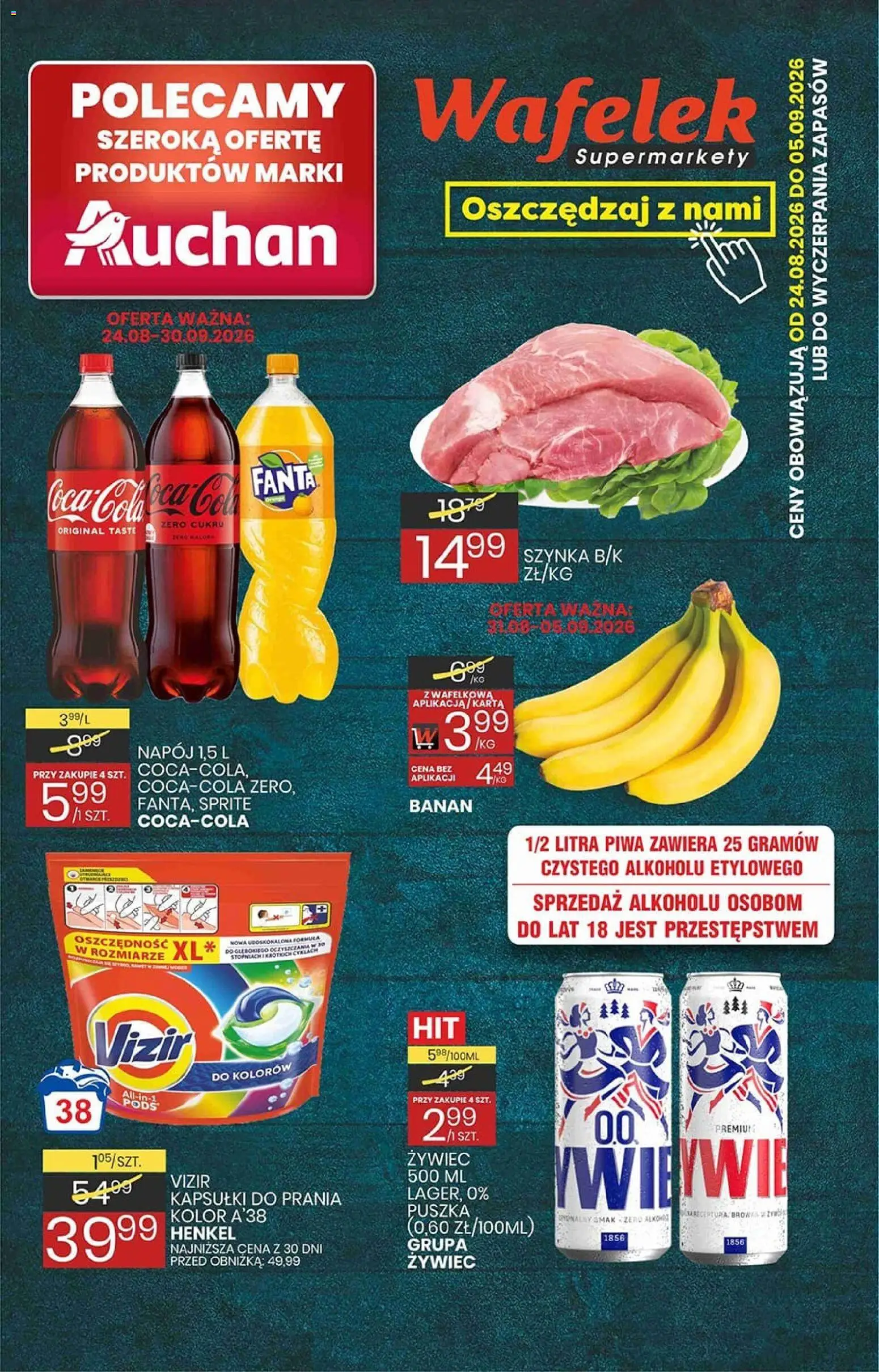 Wafelek gazetka od 24.08.2026 | Strona: 1 | Produkty: Kapsułki, Sprite, Szynka, Banan