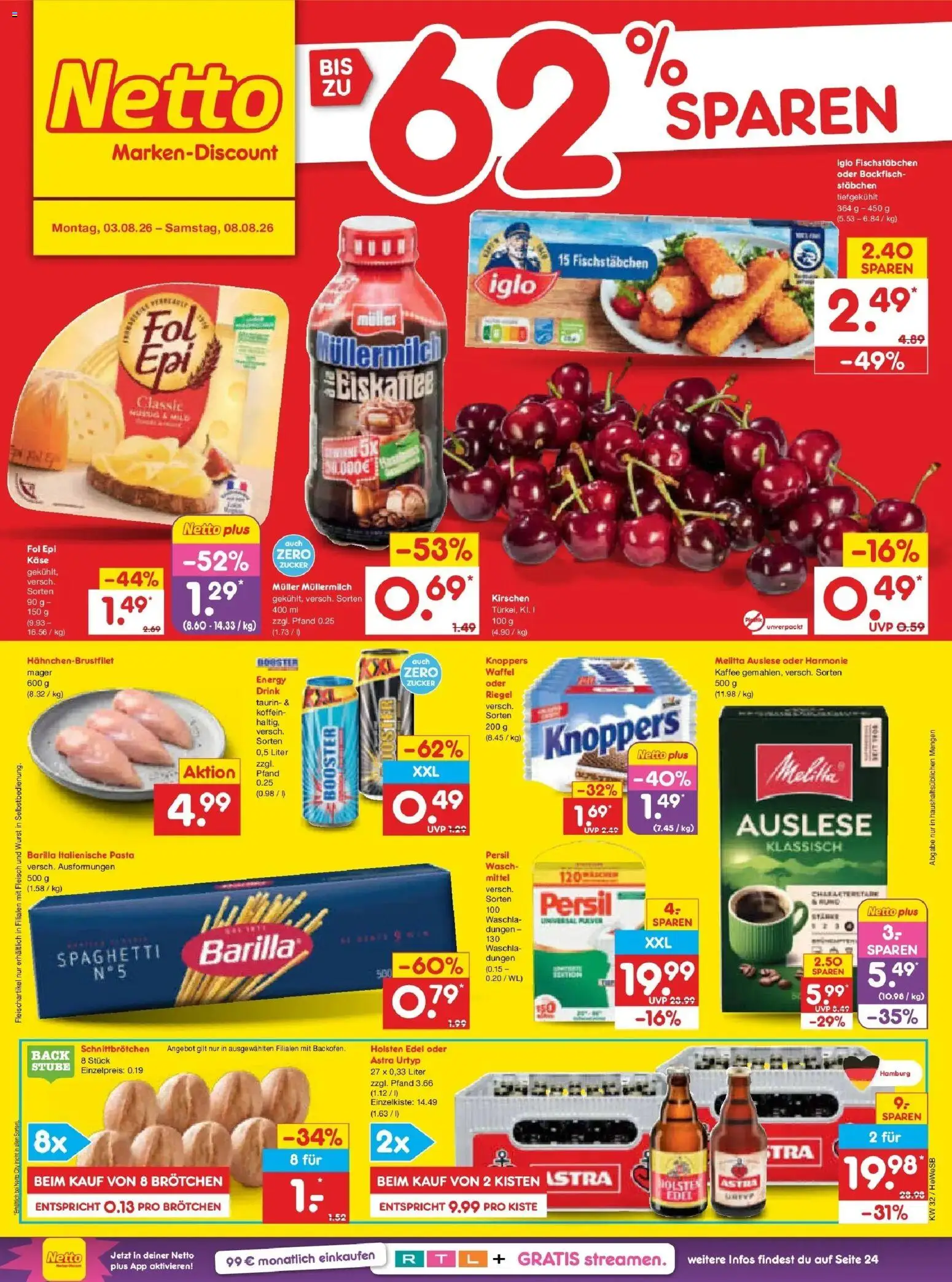 Netto Marken-Discount Prospekt Hamburg – gültig ab 03.08.2026 | Seite: 1 | Produkte: Iglo, Holsten, Kirschen, Müllermilch