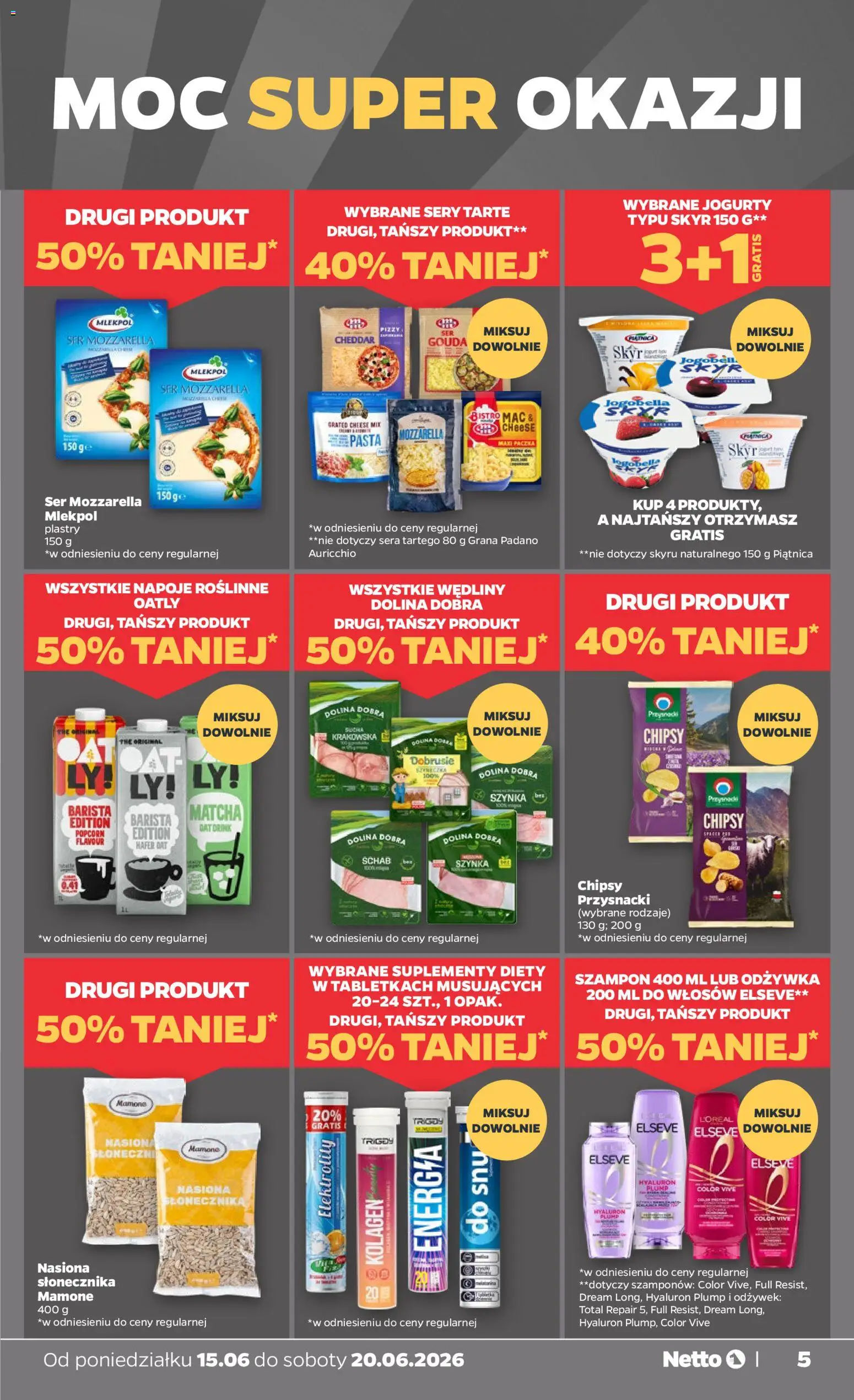 Netto gazetka od poniedziałku spożywcza od 15.06.2026 | Strona: 5 | Produkty: Chipsy, Szynka, Odżywka, Cheddar