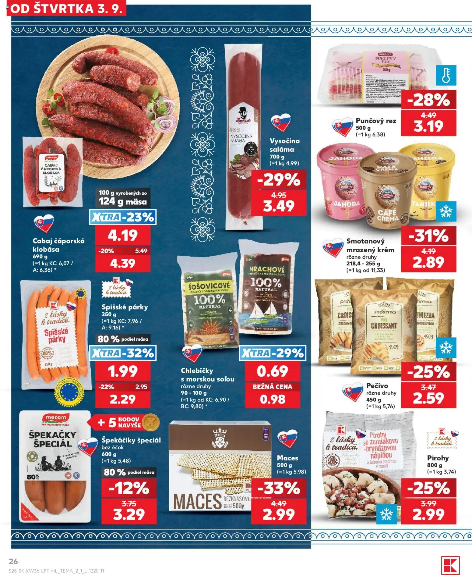 Nové Kaufland akcie – leták je platný od 03.09.2026 | Strana: 26 | Produkty: Saláma, Klobása, Krém, Špekáčiky