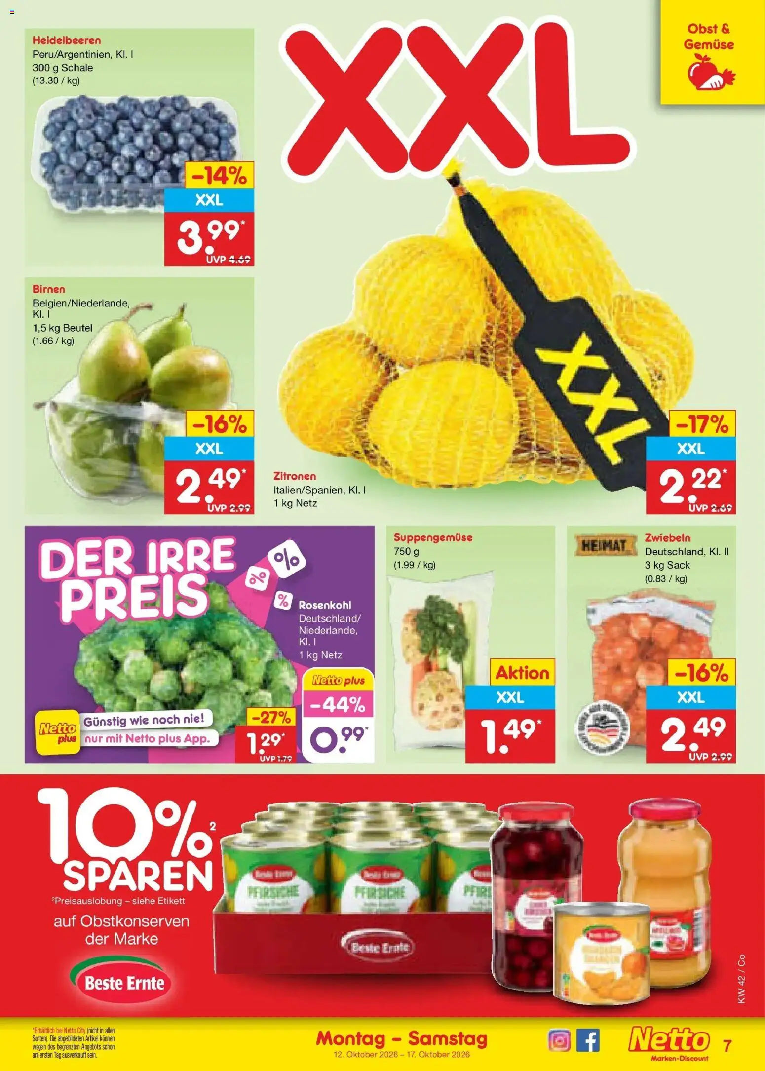Netto Marken-Discount Prospekt Delitzsch – gültig ab 12.10.2026 | Seite: 7 | Produkte: Heidelbeeren, Zwiebeln, Gemüse, Obst