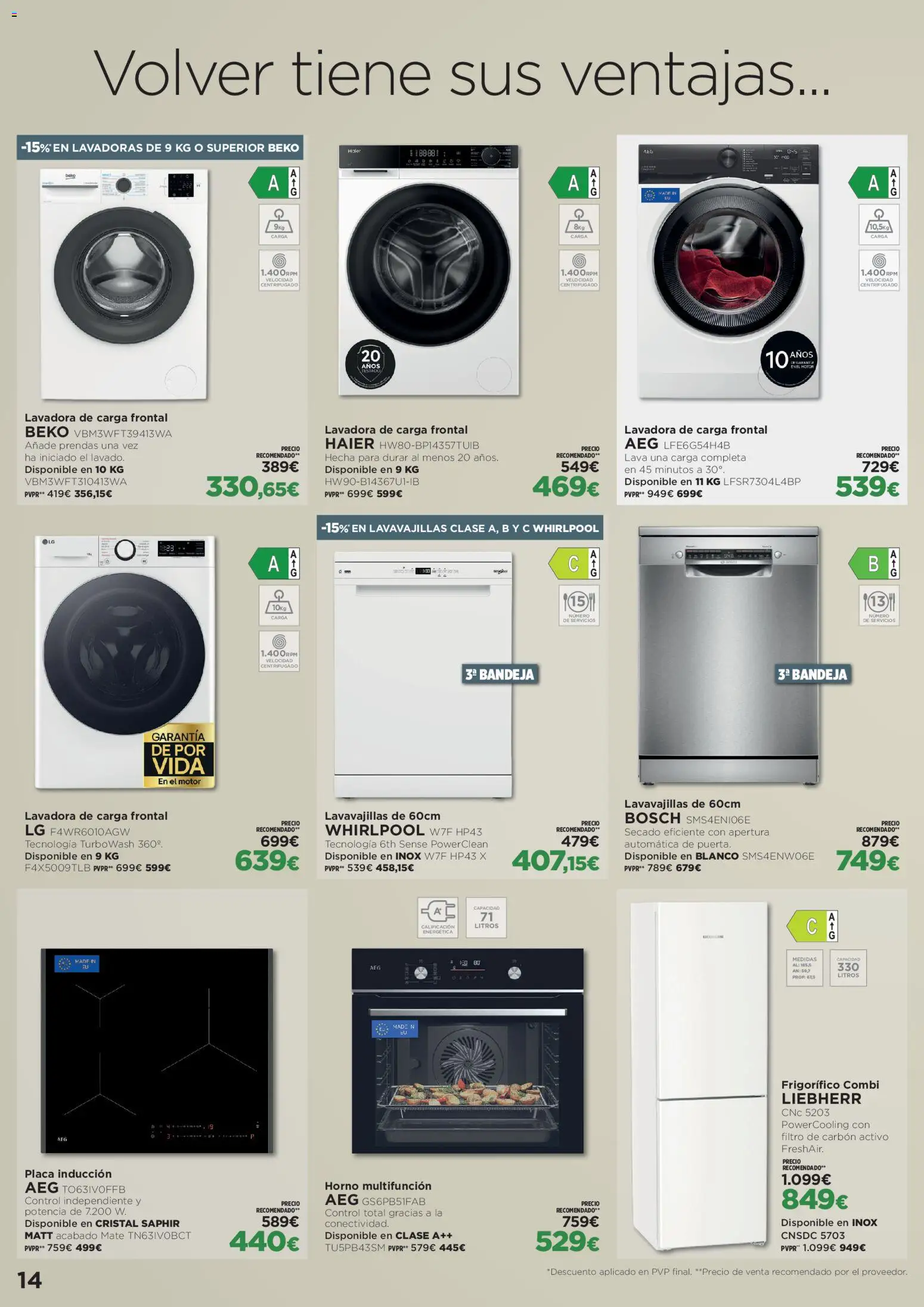 El Corte Inglés Volver tiene sus ventajas │ válido desde el 20/08/2026 | Página: 14 | Productos: Lavadora, Horno, Lavavajillas, Combi