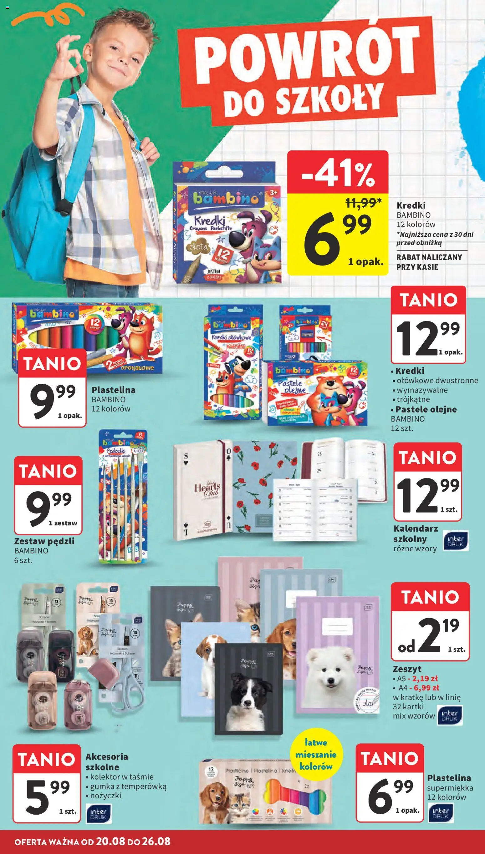 Intermarche gazetka od 20.08.2026 | Strona: 8 | Produkty: Kalendarz, Kredki Bambino, Zeszyt, Kredki