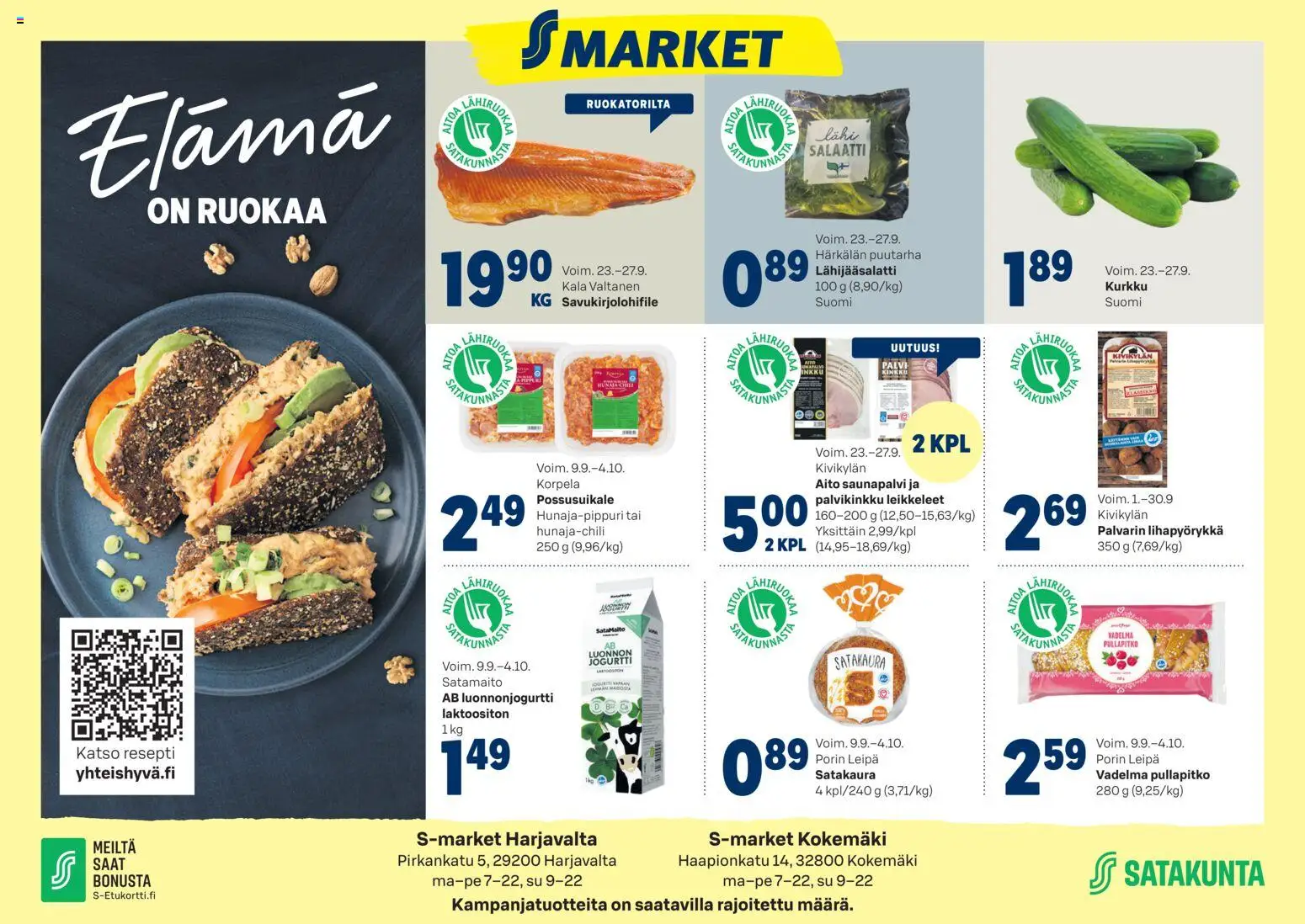 S-market Elámá Harjavalta Kokemäki – voimassa 23/09/2026 alkaen | Sivu: 1 | Tuotteet: Leipä, Kinkku, Kala, Salaatti