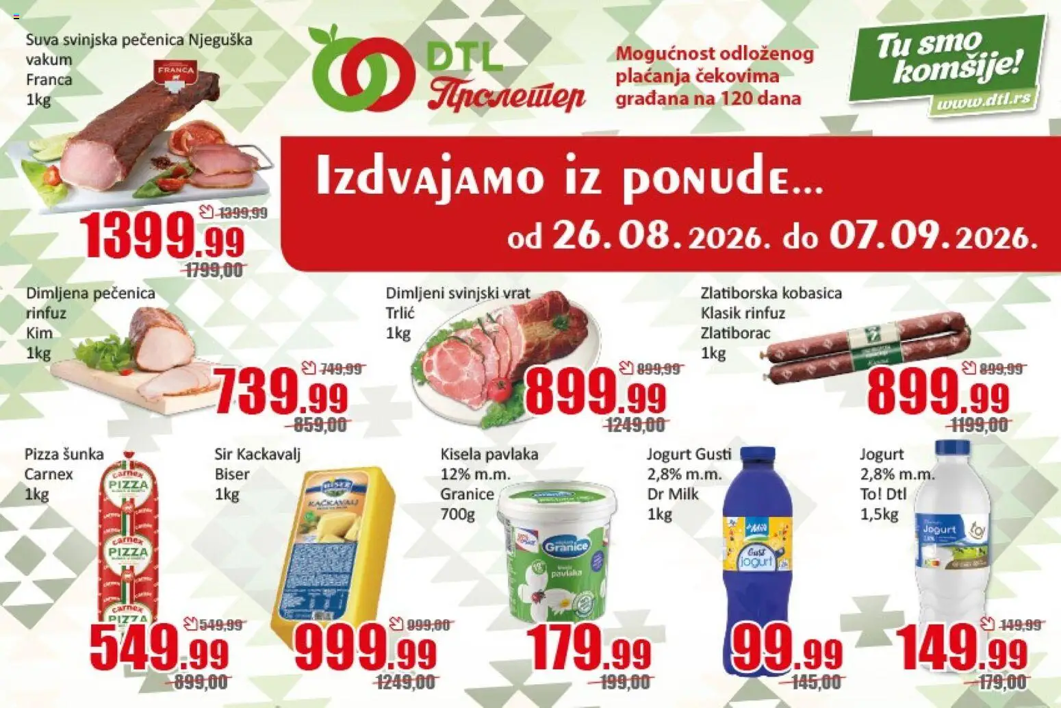 Metalac Proleter katalog - važi od 26.08.2026 | Strana: 1 | Proizvode: Dimljeni svinjski vrat, Kačkavalj, Pizza šunka, Kobasica