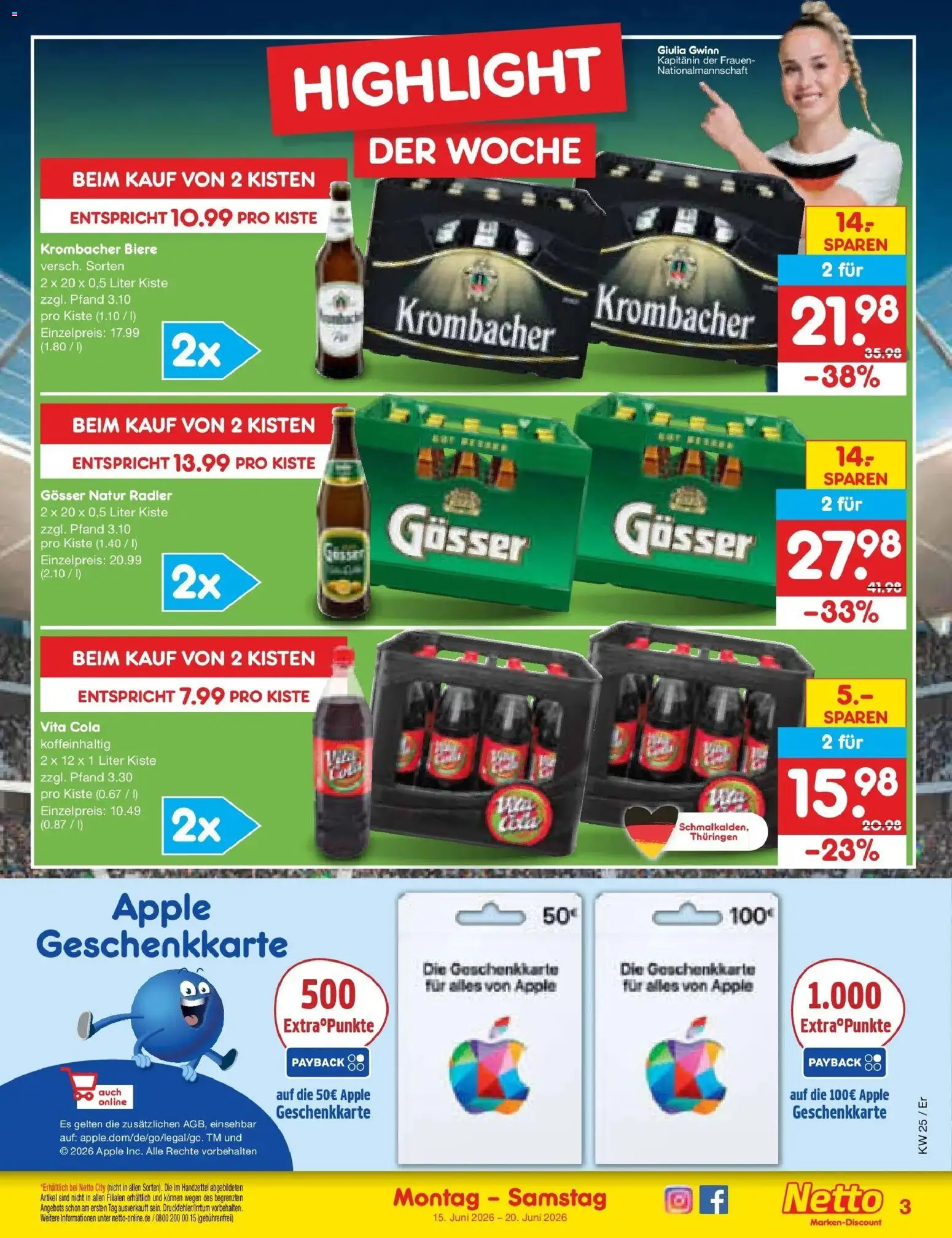 Netto Marken-Discount Prospekt Nordhausen – gültig ab 14.06.2026 | Seite: 3 | Produkte: Cola, Apple, Vita cola, Krombacher