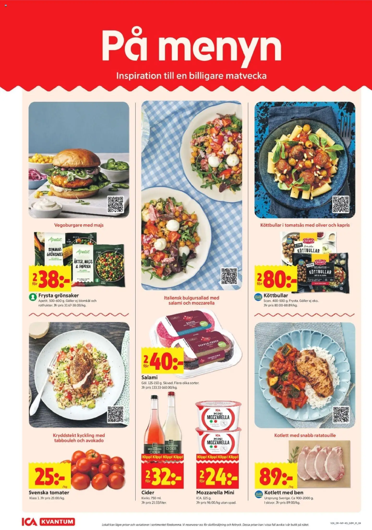 ICA Kvantum reklamblad aktuell från 08.06.2026 | Sida: 4 | Produkter: Köttbullar, Vegoburgare, Tomater, Blomkål
