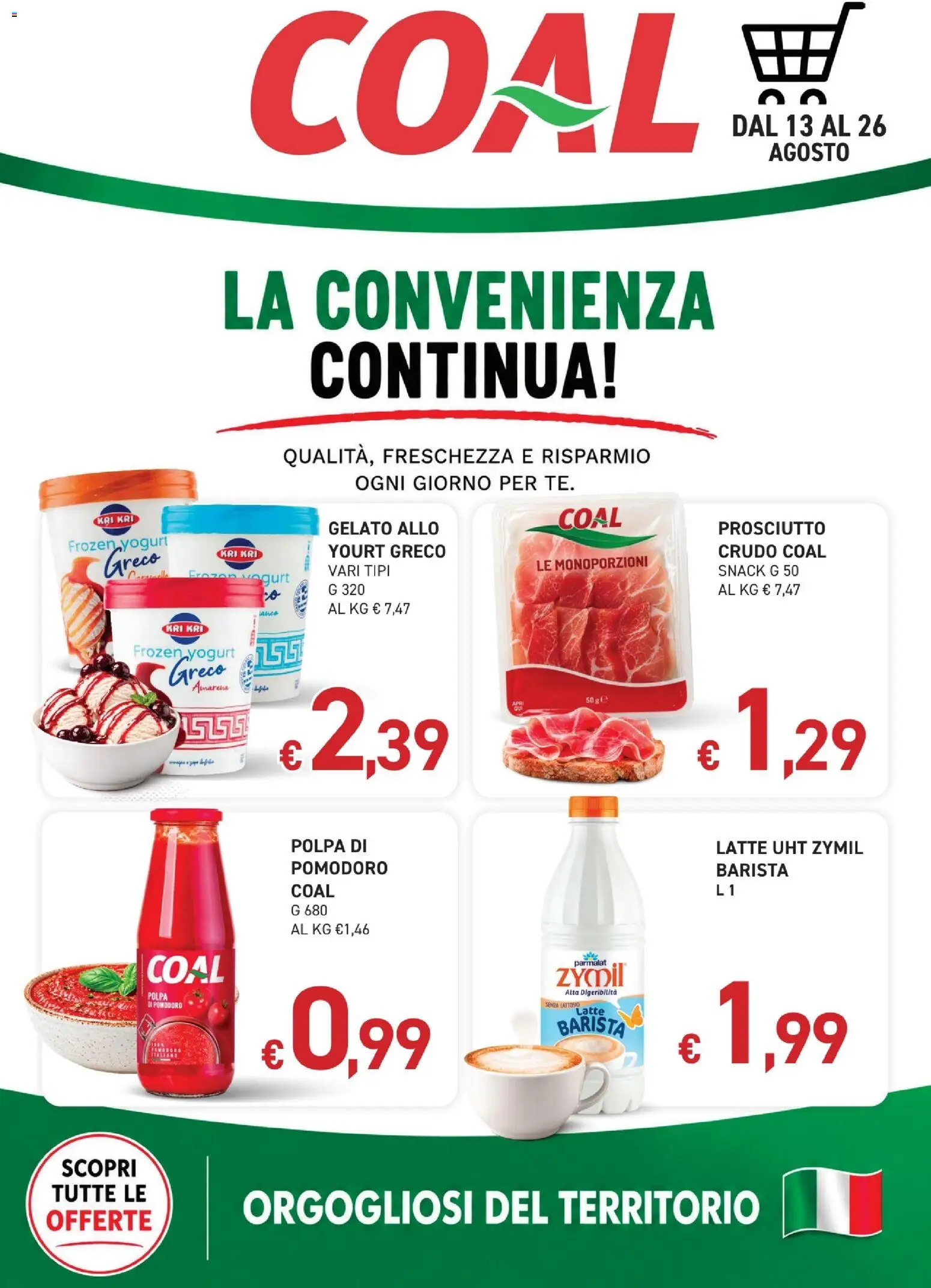 Volantino Coal del 13/08/2026 | Pagina: 1 | Prodotti: Yogurt greco, Gelato, Latte, Senza lattosio