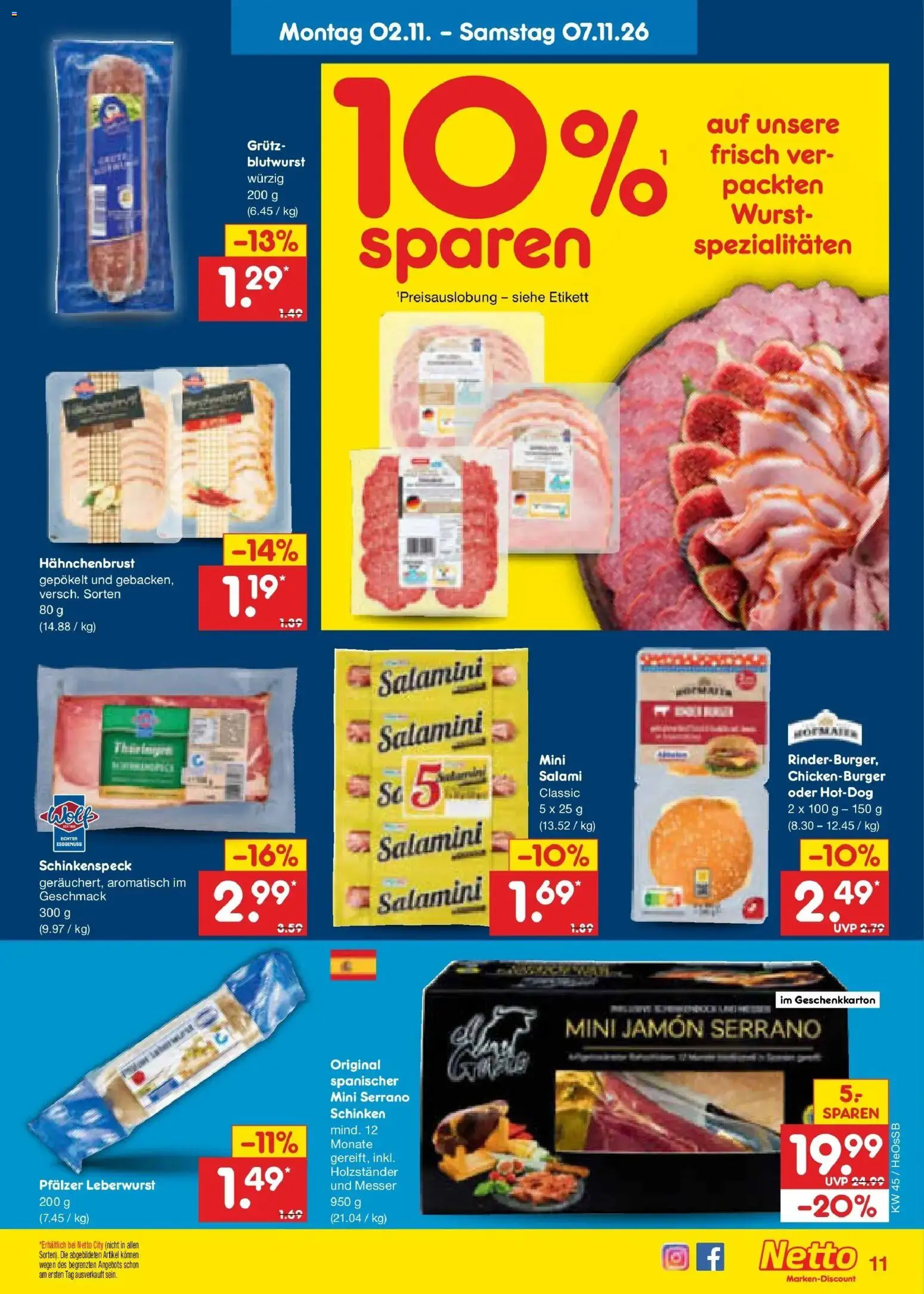 Netto Marken-Discount Prospekt Rostock (ab 02.11.2026) » Angebote | Seite: 21 | Produkte: Spezialitäten, Wurst, Salami, Serrano schinken