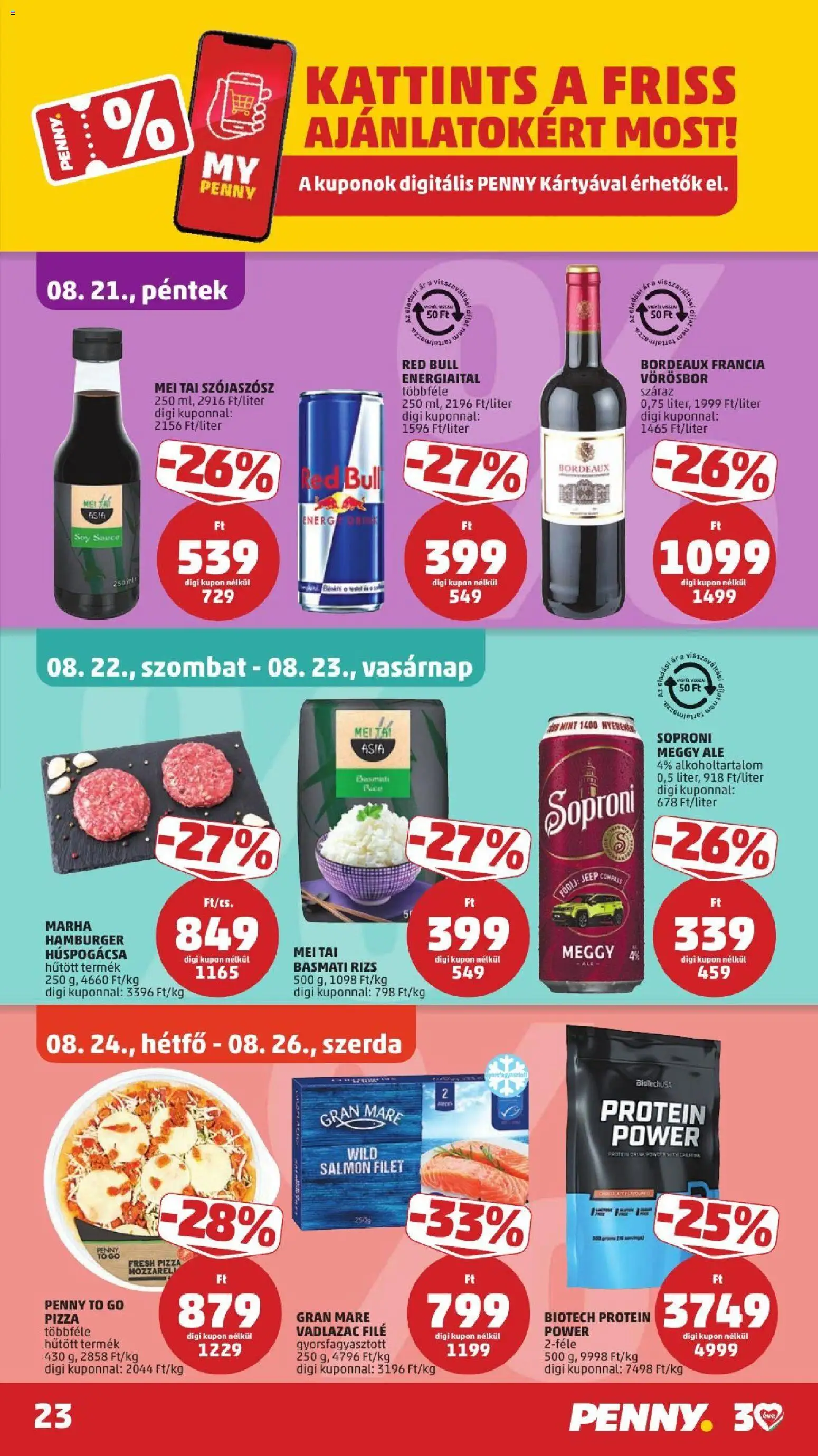 PENNY akciós ujság - amely érvényes a következő dátumtól: 2026.08.21. | Oldal: 27 | Termékek: Hamburger, Meggy, Szójaszósz, Protein