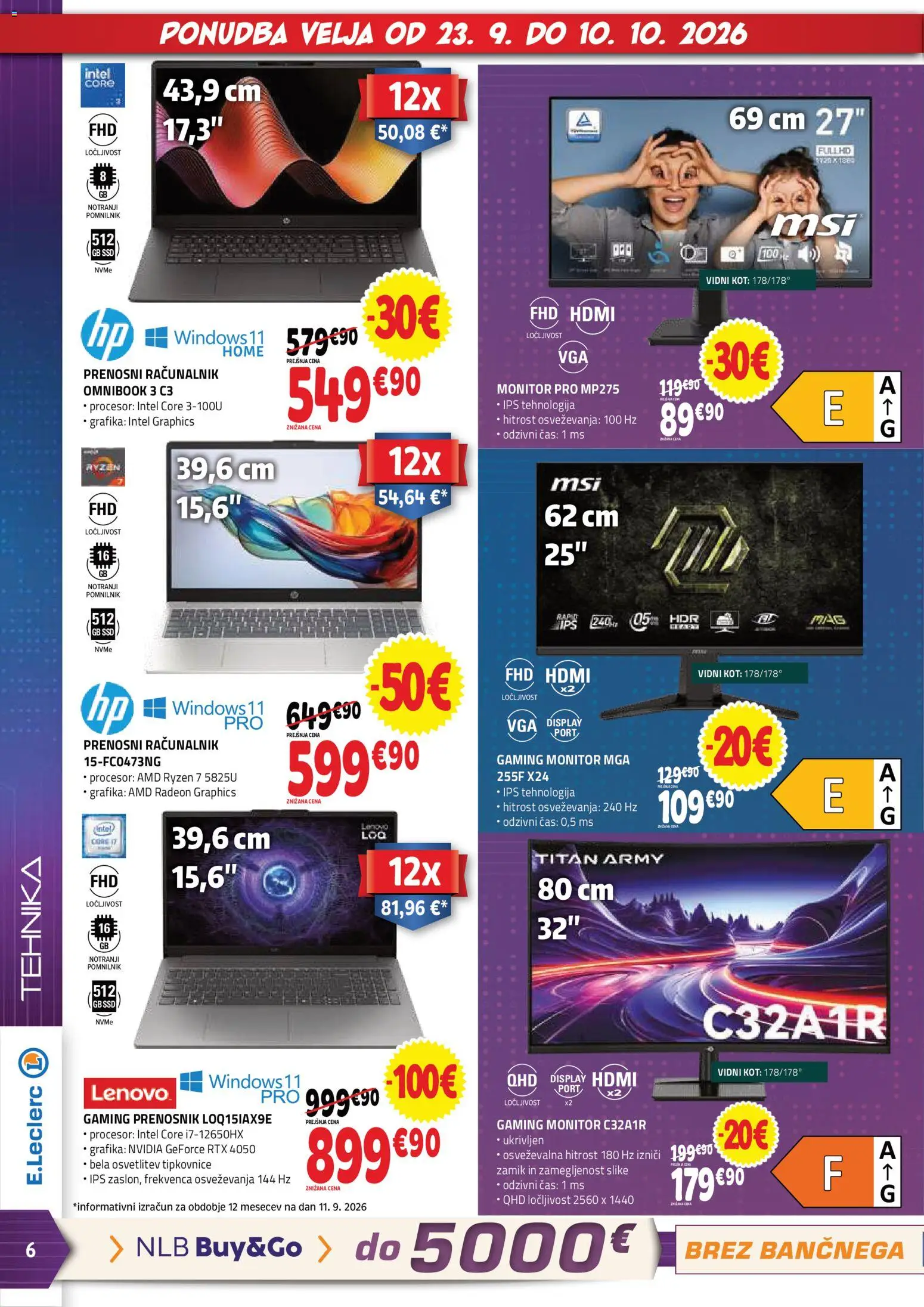 Novi E.leclerc katalog ponudbe – veljaven od 23.09.2026 | Stran: 6 | Izdelki: Prenosni racunalnik, Monitor, Racunalnik, Prenosnik