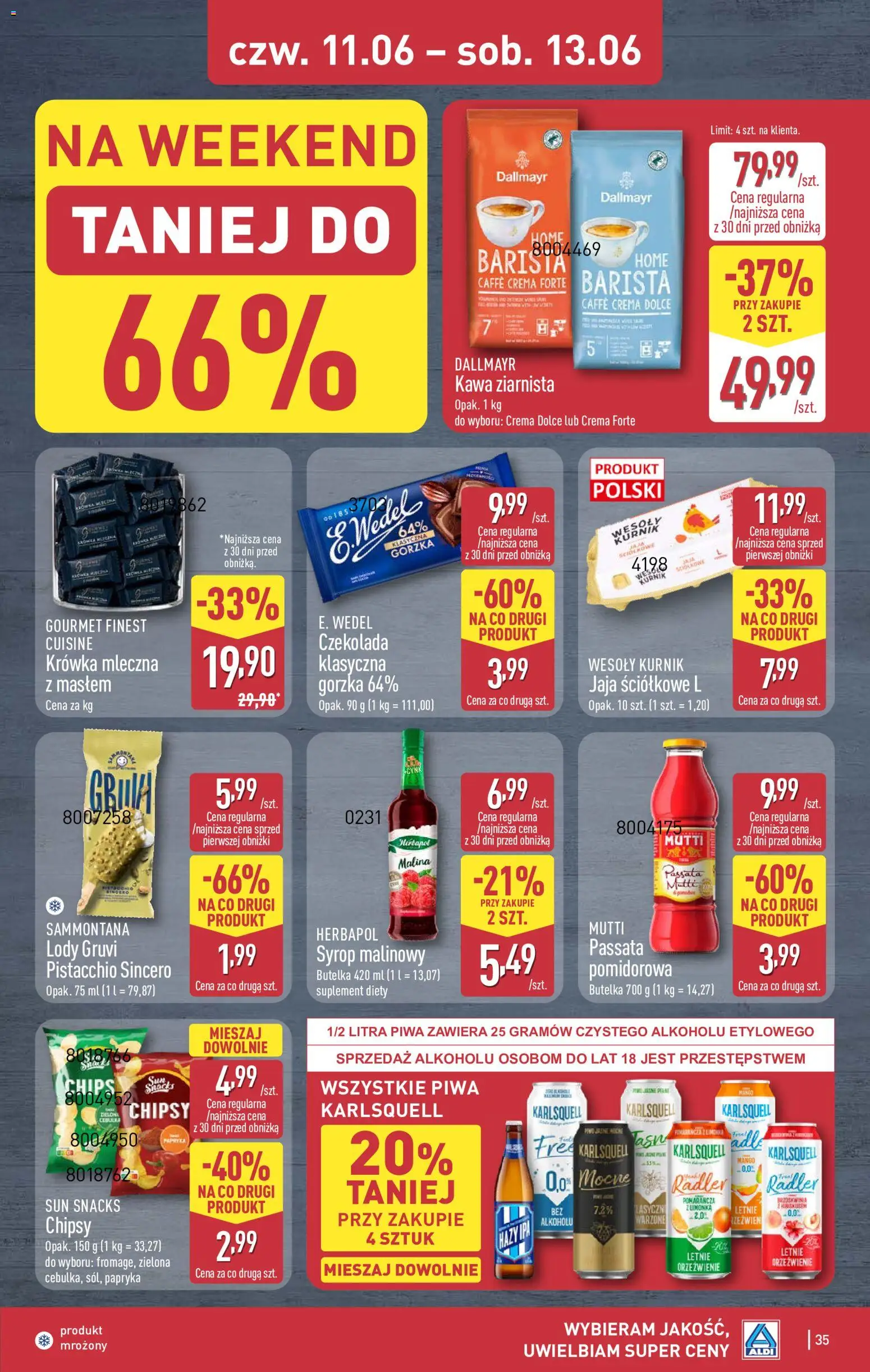 Aldi gazetka od 08.06.2026 | Strona: 35 | Produkty: Chipsy, Syrop malinowy, Kawa ziarnista, Czekolada