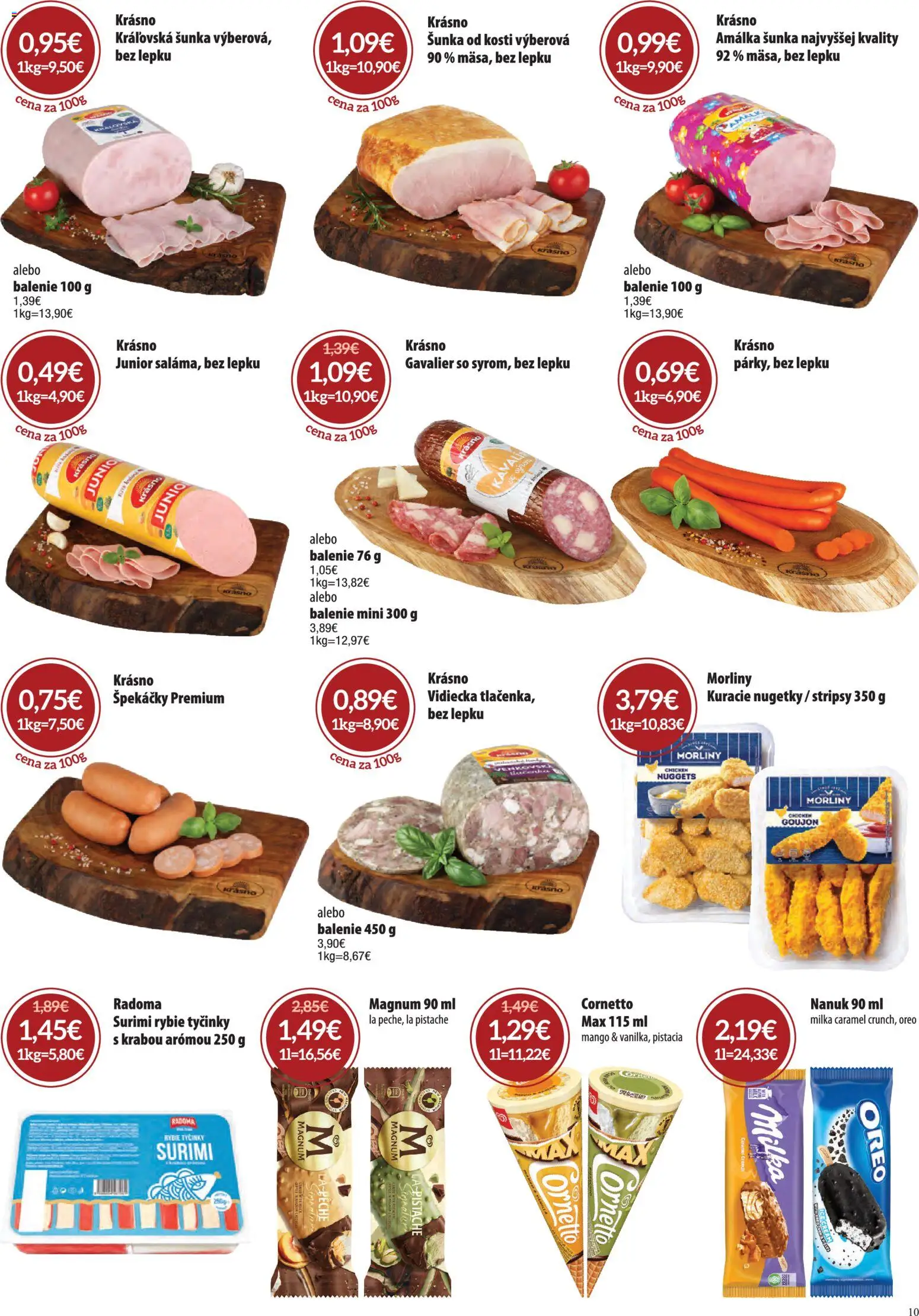 Nové Nitrazdroj akcie – leták je platný od 07.05.2026 | Strana: 10 | Produkty: Šunka, Nanuk, Milka, Mango