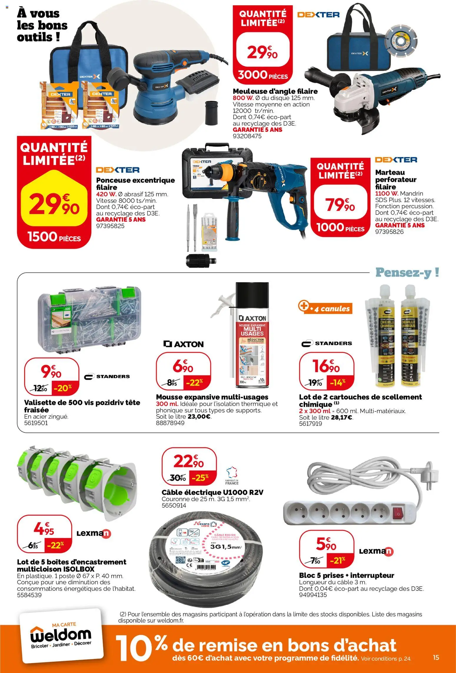 {H1} | Page: 15 | Produits: Câble, Ponceuse, Interrupteur, Mousse
