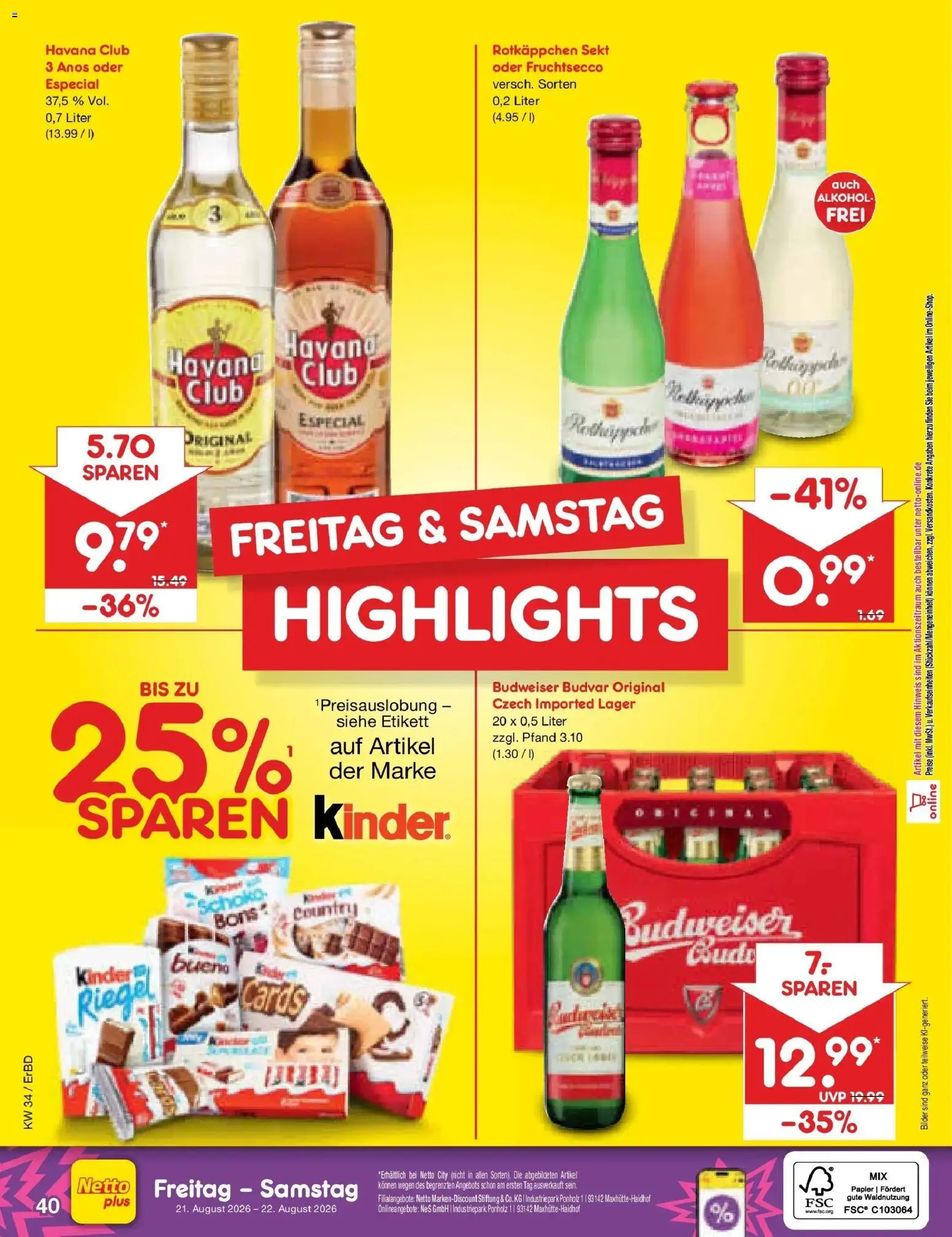 Netto Marken-Discount Prospekt Weimar – gültig ab 17.08.2026 | Seite: 62 | Produkte: Rotkappchen sekt, Kinder bueno, Alkohol, Budweiser