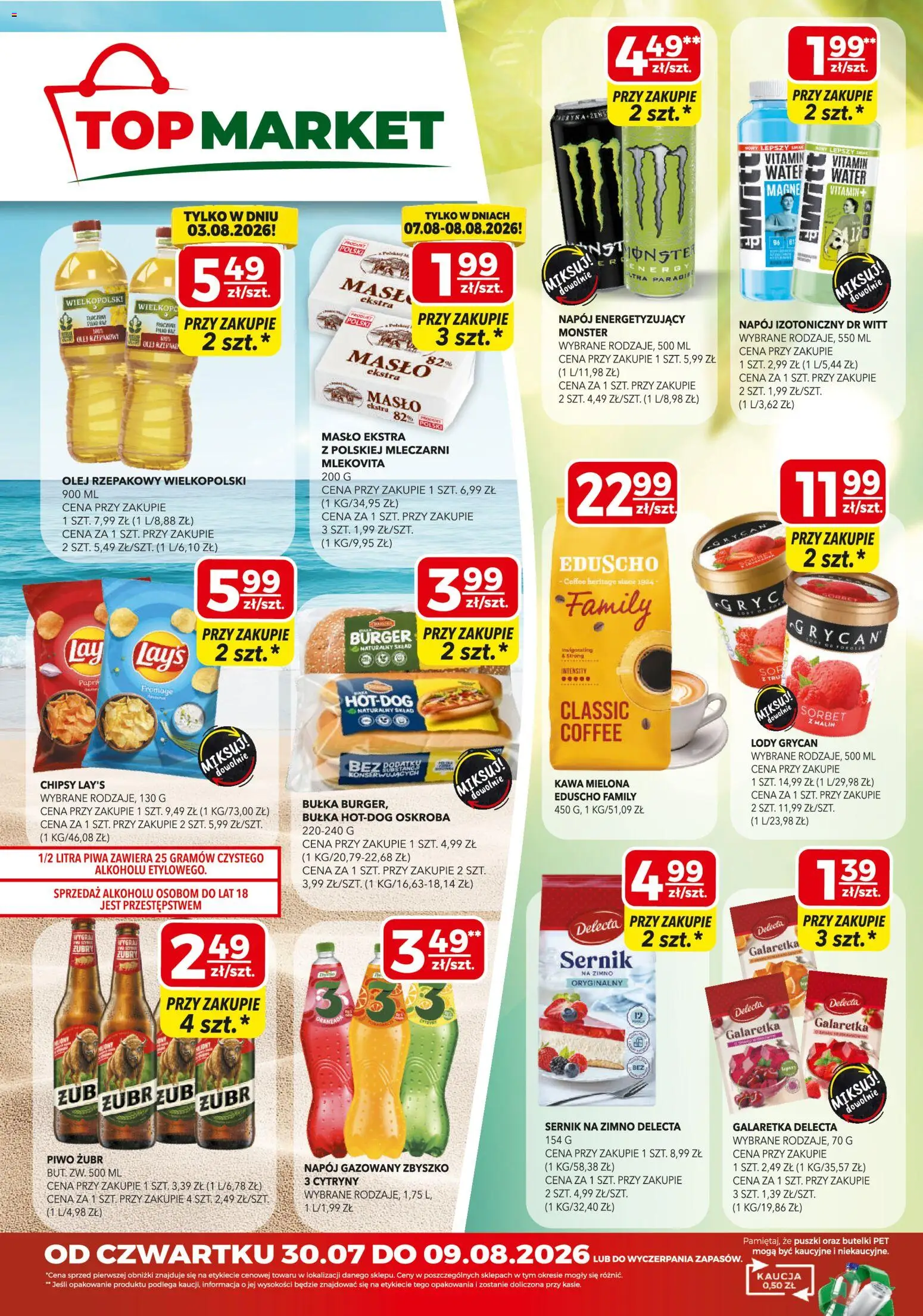 Top Market gazetka mini od 30.07.2026 | Strona: 1 | Produkty: Piwo żubr, Top, Olej rzepakowy, Piwo