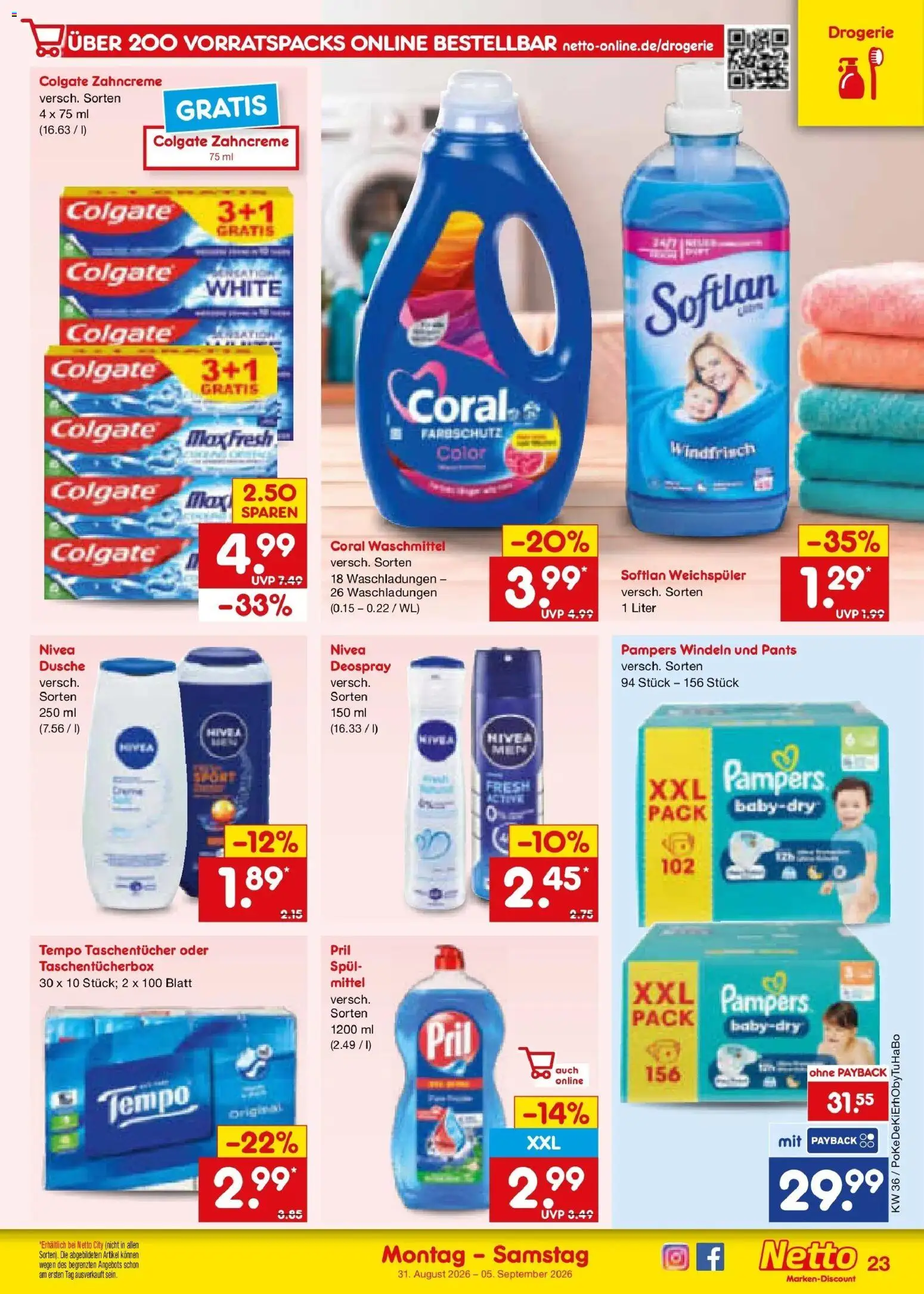 Netto Marken-Discount Prospekt Mauern (ab 31.08.2026) » Angebote | Seite: 31 | Produkte: Pampers, Coral waschmittel, Waschmittel, Deospray