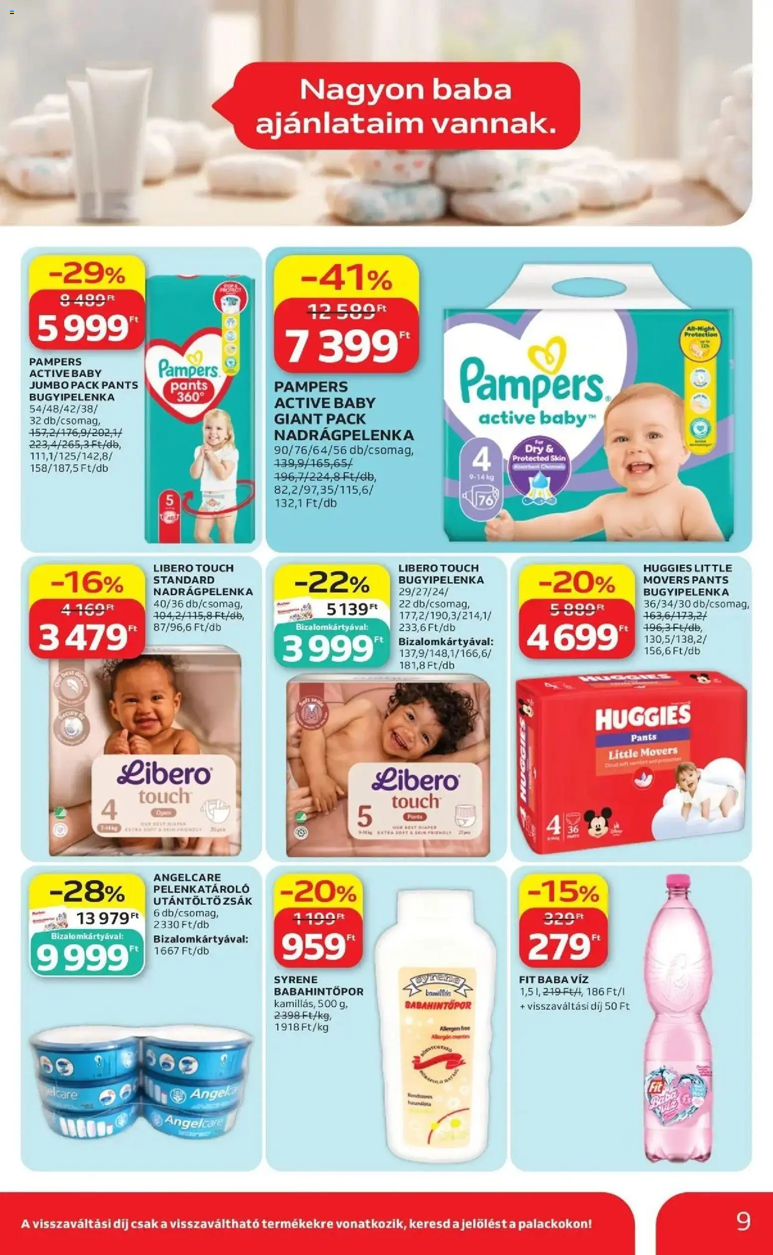 Auchan akciós újság Fót - 2026.09.24. -tól/töl > akció, lapozható szórólap 🛍️ | Oldal: 9 | Termékek: Baba víz, Utántöltő, Bugyipelenka, Víz