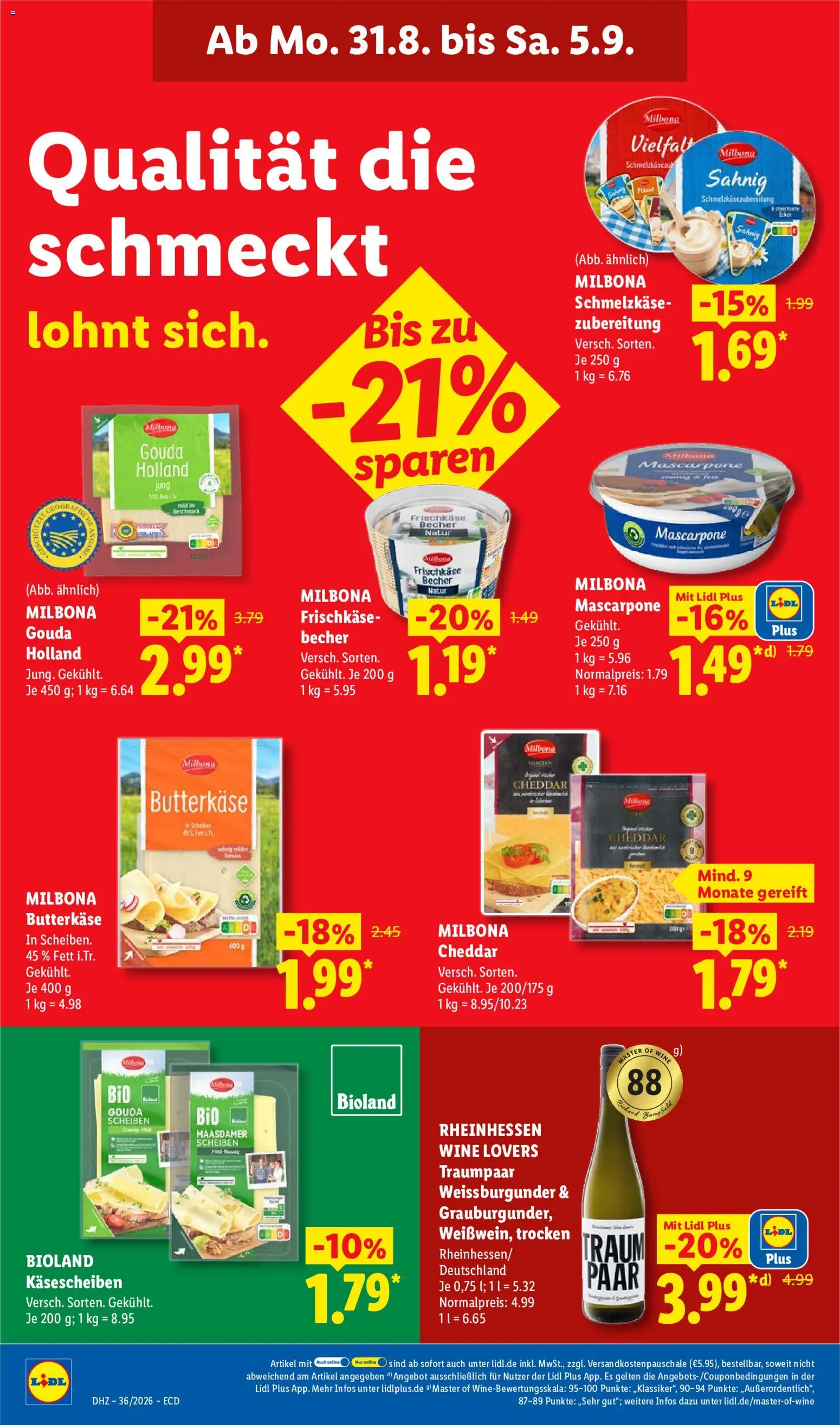 Lidl Německo leták od 31.08.2026 | Strana: 20 | Produkty: Gouda, Maasdamer, Milbona, Mascarpone