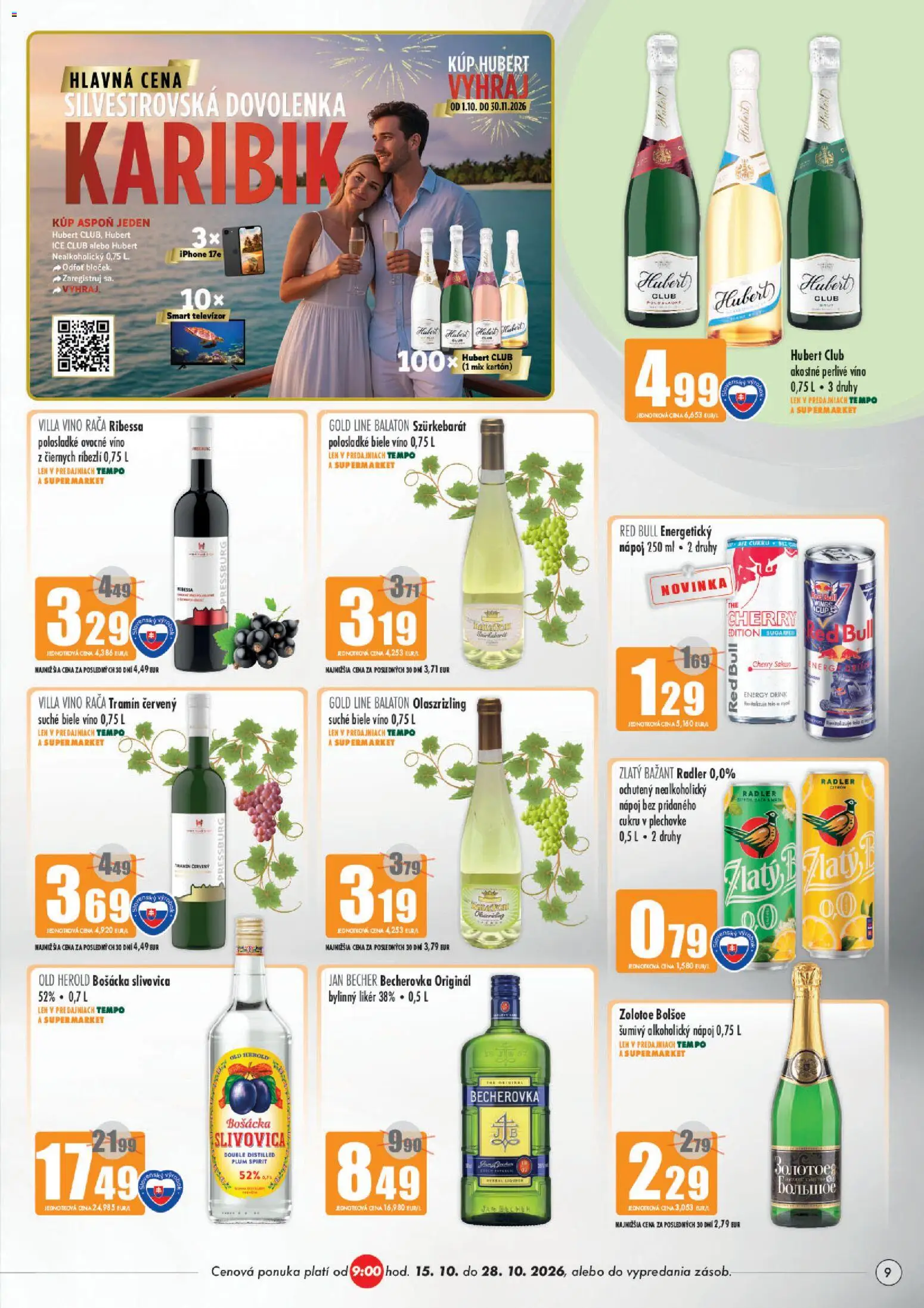 Nové COOP Jednota akcie – leták je platný od 15.10.2026 | Strana: 9 | Produkty: Bošácka slivovica, Radler, Red Bull, Bylinný likér