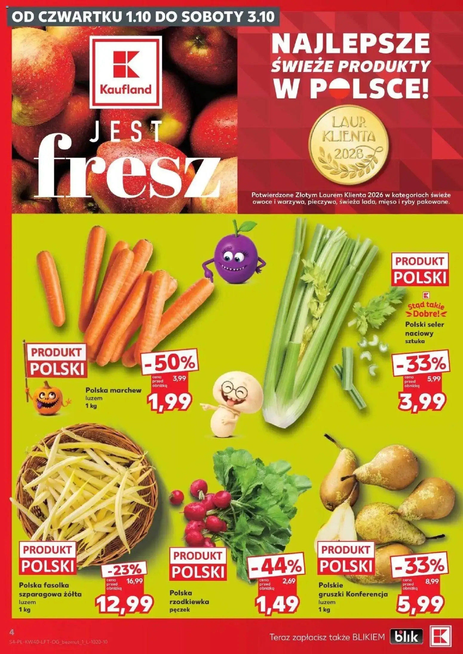 Kaufland gazetka od 01.10.2026 - od jutra PDF | Strona: 4 | Produkty: Mięso, Seler naciowy, Fasolka szparagowa, Ryby