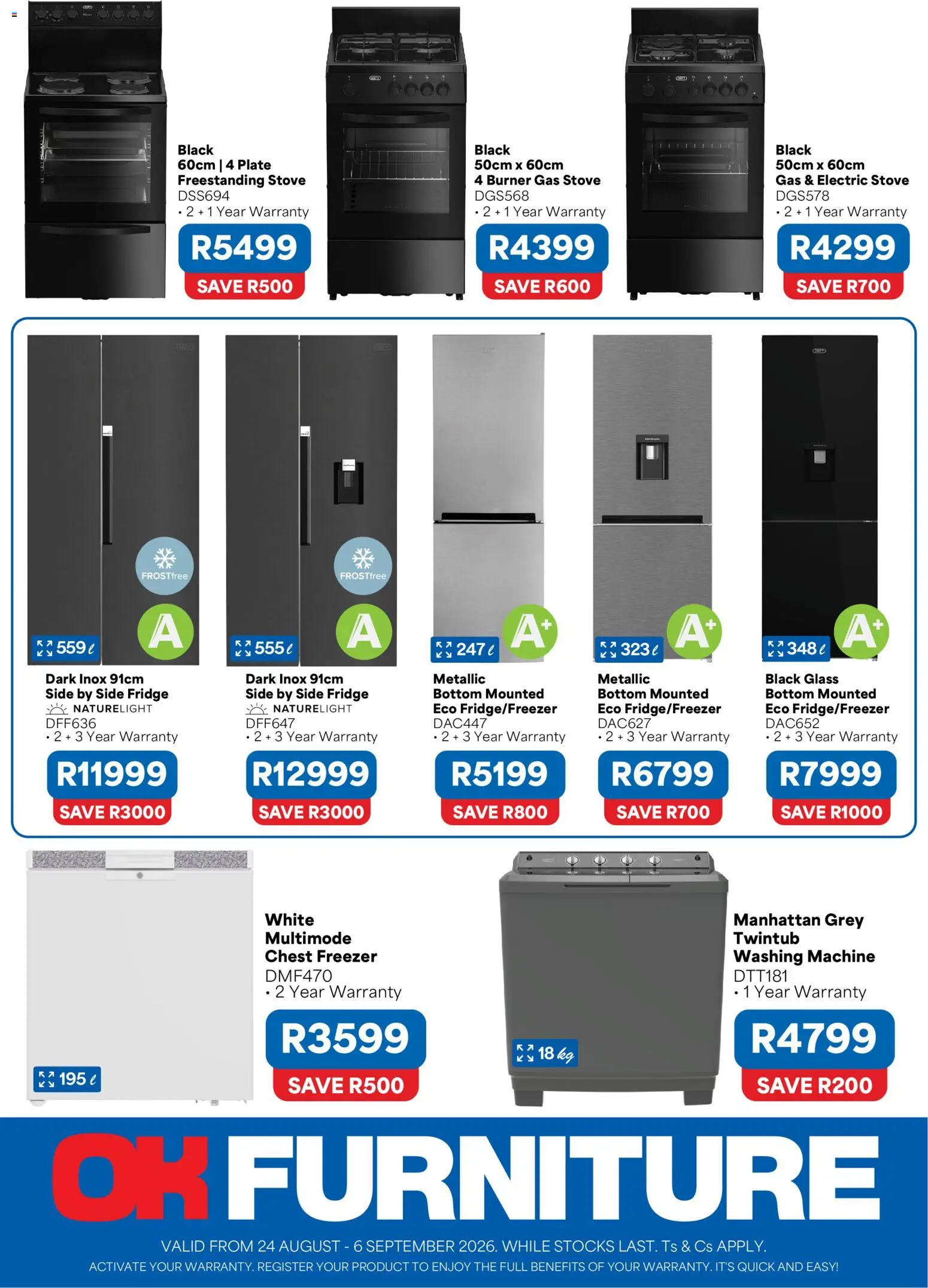 New OK Furniture catalogue – valid from 24/08/2026 | Page: 2 | Products: Freezer, Washing machine, Stove, Plate