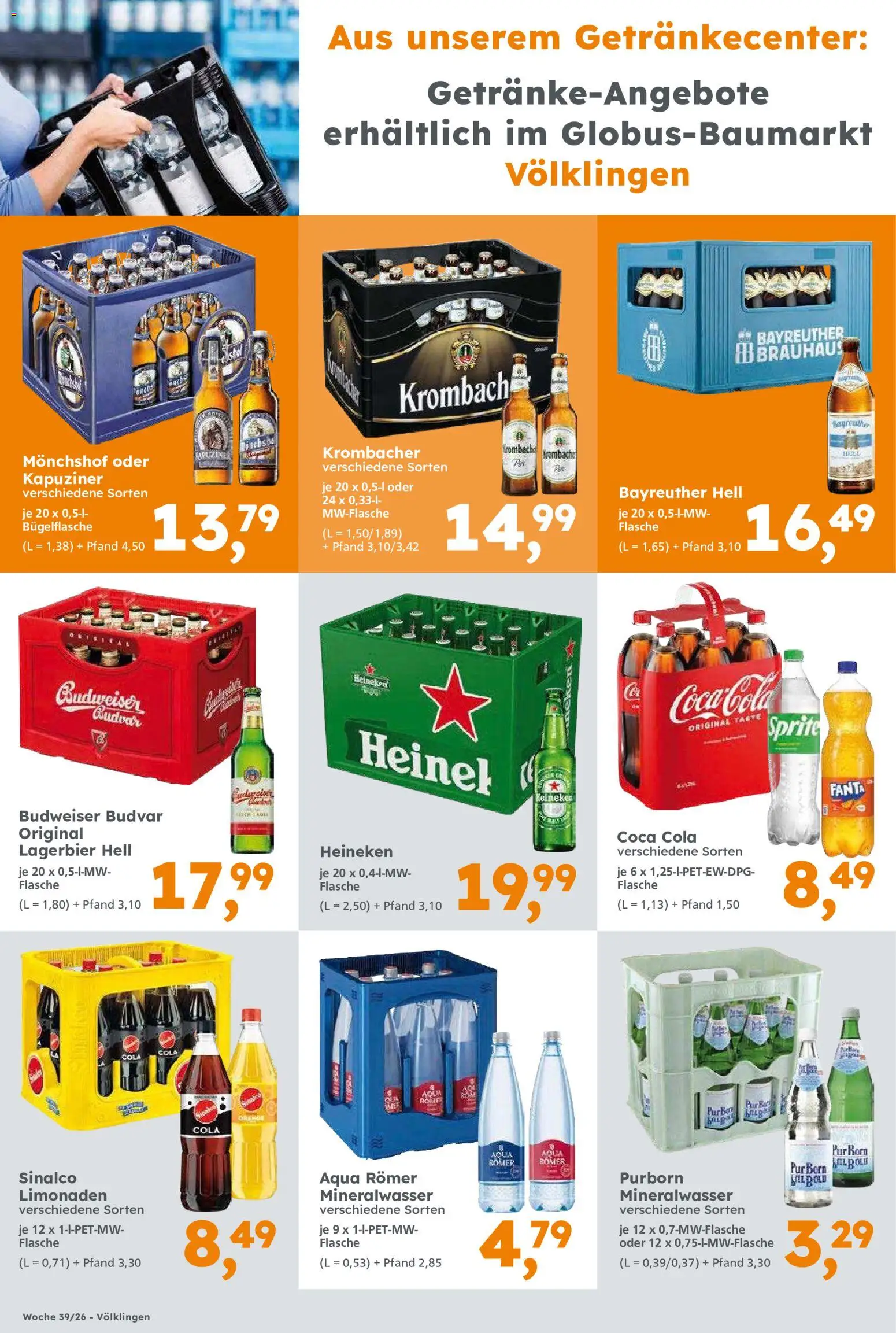 Globus Baumarkt Prospekt Saarbrücken – gültig ab 20.09.2026 | Seite: 14 | Produkte: Monchshof, Coca cola, Krombacher, Budweiser