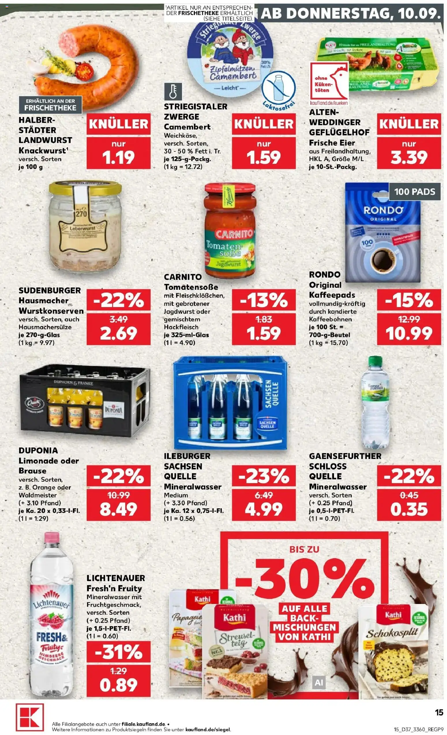 Prospekt Kaufland ab 10.09.2026 » Angebote Online zum Blättern | Seite: 15 | Produkte: Kaffeepads, Eier, Mineralwasser, Camembert