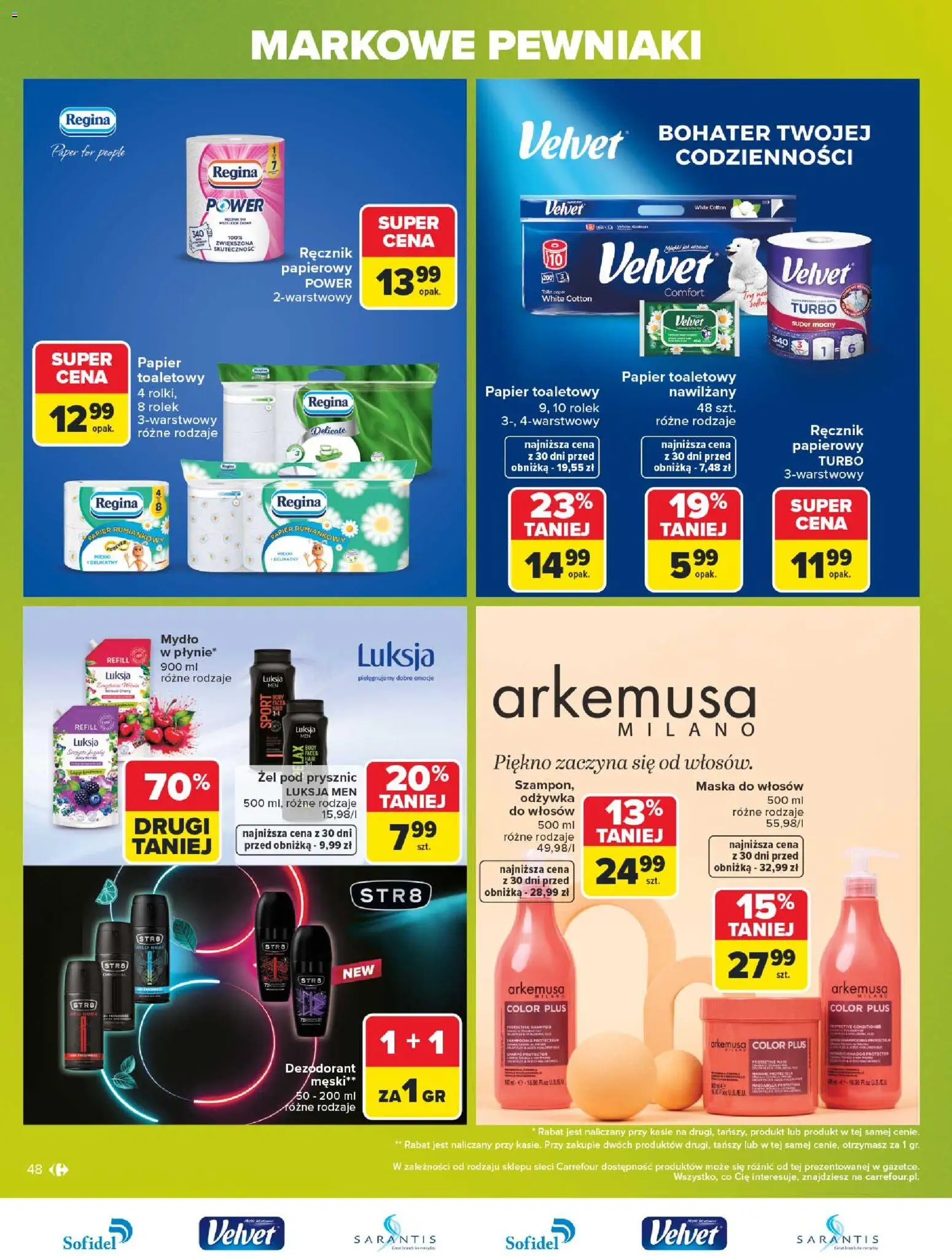 Carrefour gazetka - Markowe pewniaki od 20.07.2026 | Strona: 48 | Produkty: Papier toaletowy, Mydło w płynie, Maska, Żel pod prysznic