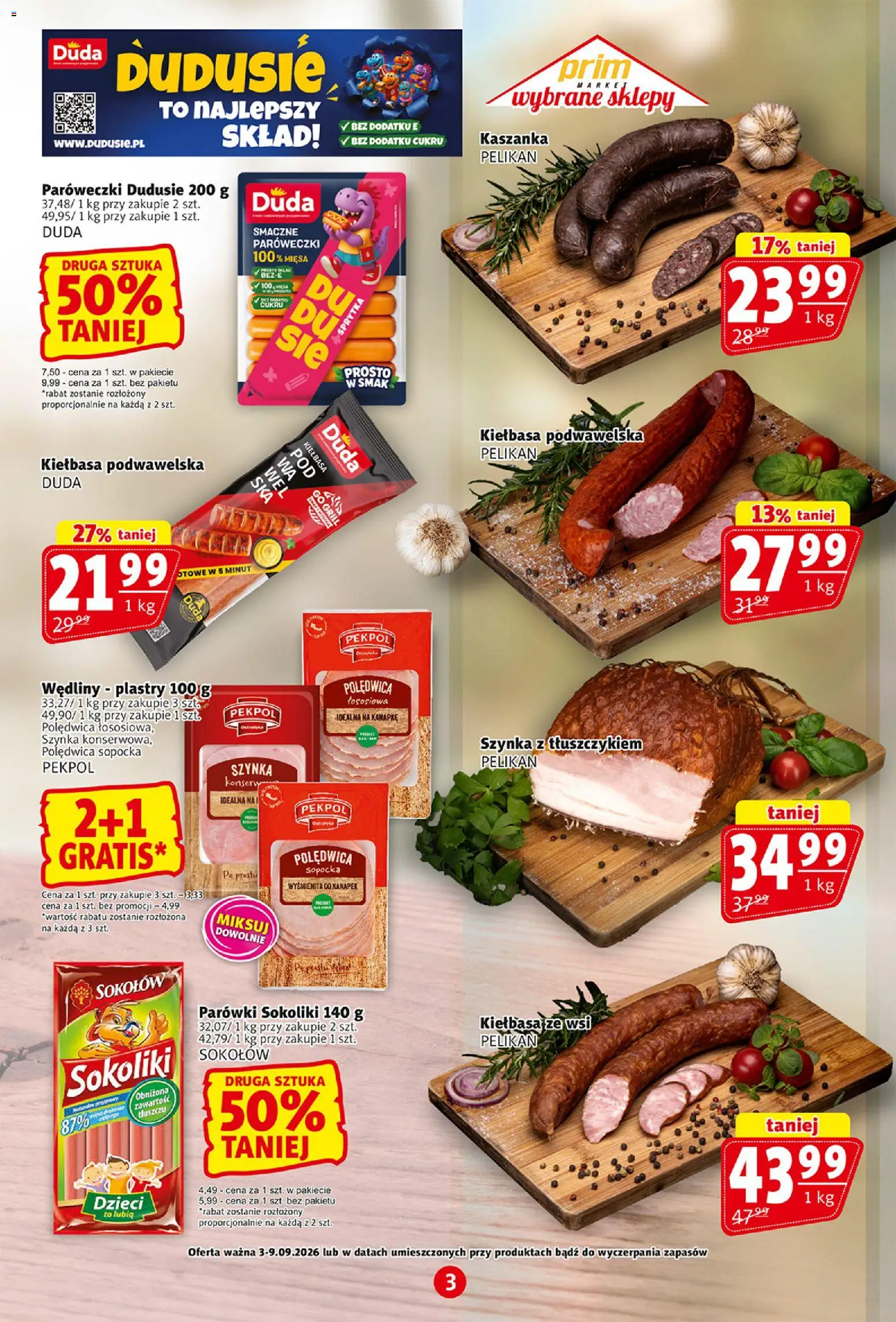 Prim Market gazetka od 03.09.2026 | Strona: 3 | Produkty: Polędwica sopocka, Parówki sokoliki, Parówki, Szynka