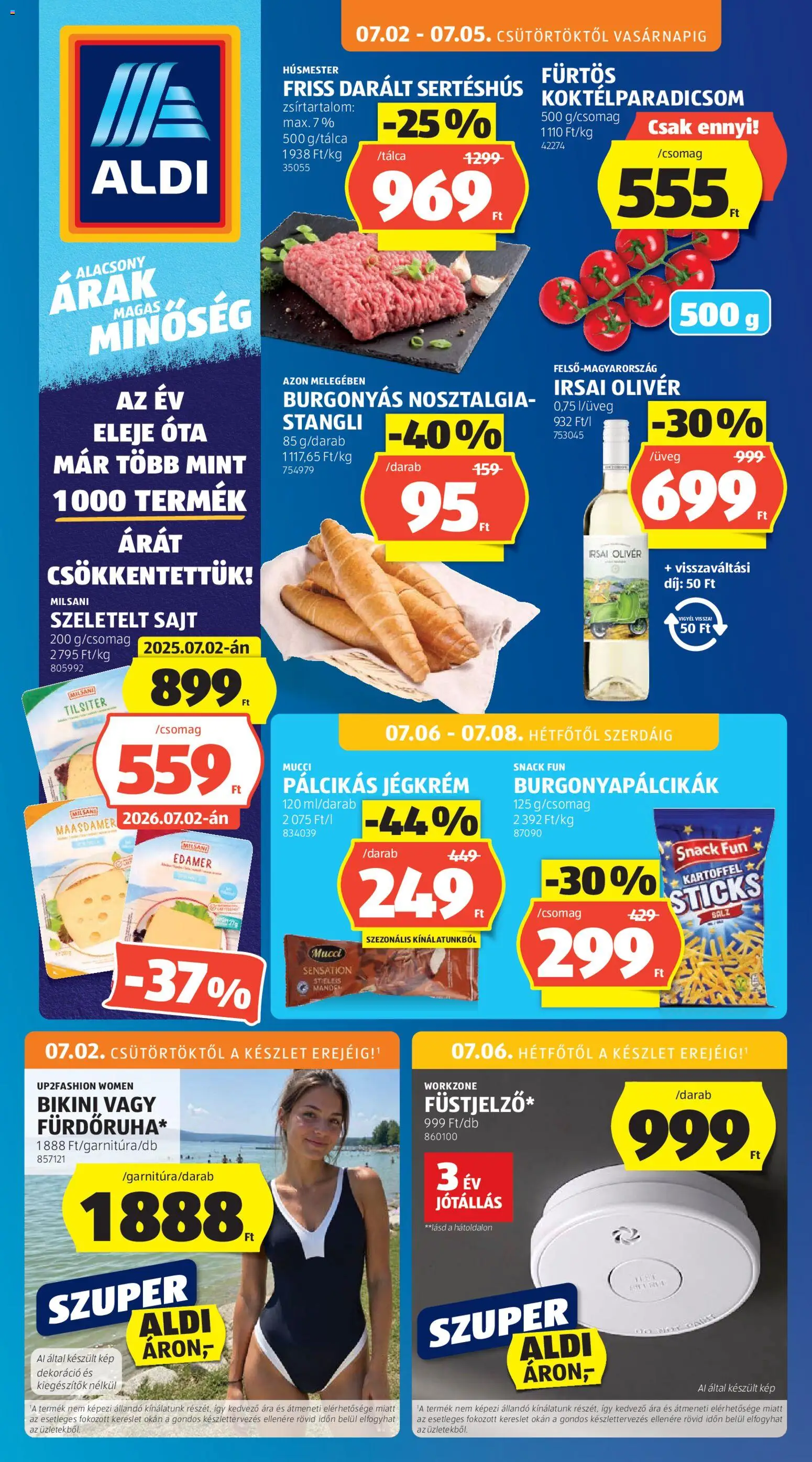 Aldi akciós ujság - amely érvényes a következő dátumtól: 2026.07.02. | Oldal: 1 | Termékek: Bikini, Szeletelt sajt, Jégkrém, Dekoráció