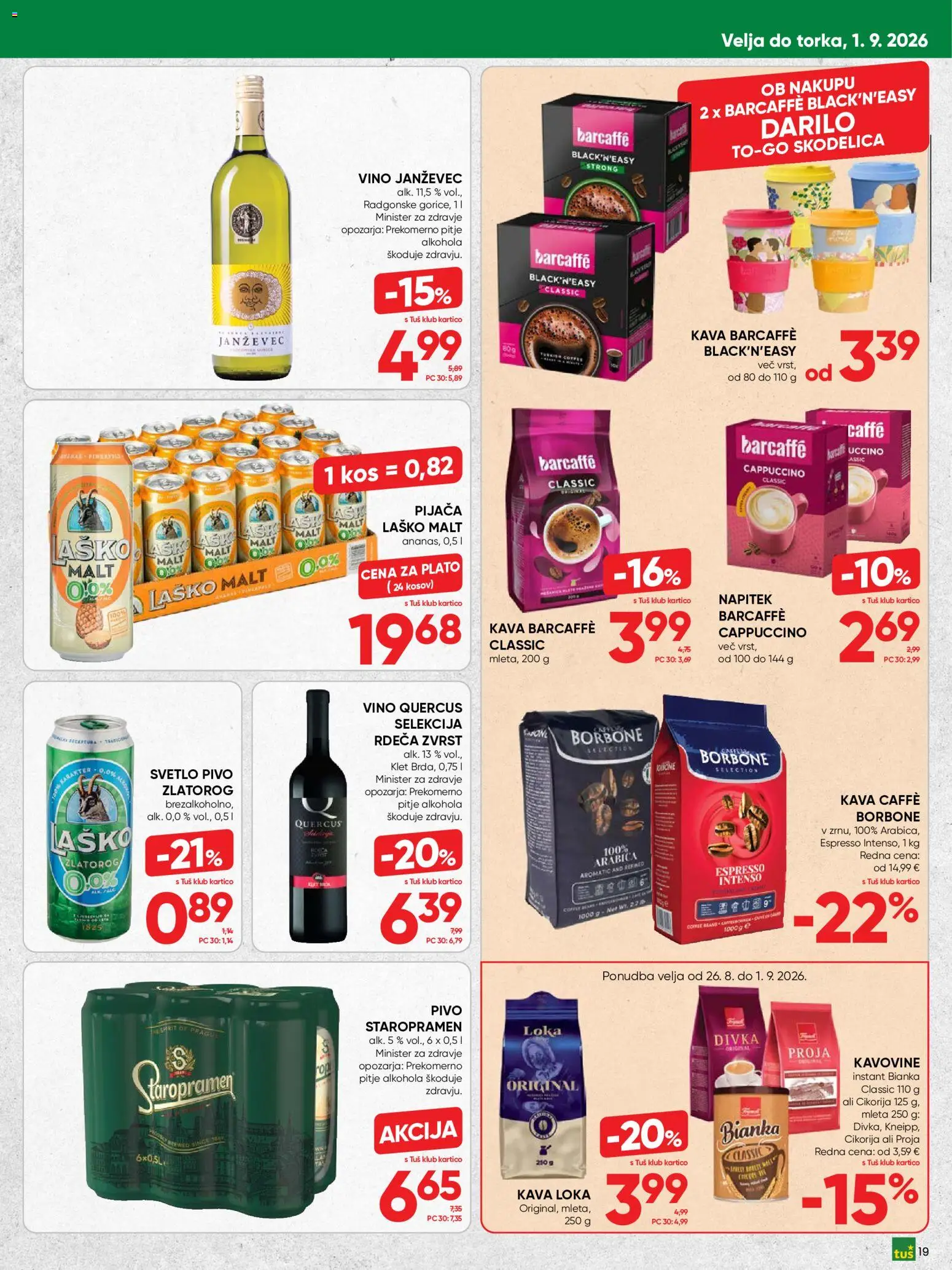 Novi Tuš katalog ponudbe – veljaven od 19.08.2026 | Stran: 19 | Izdelki: Skodelica, Kava, Vino, Pivo