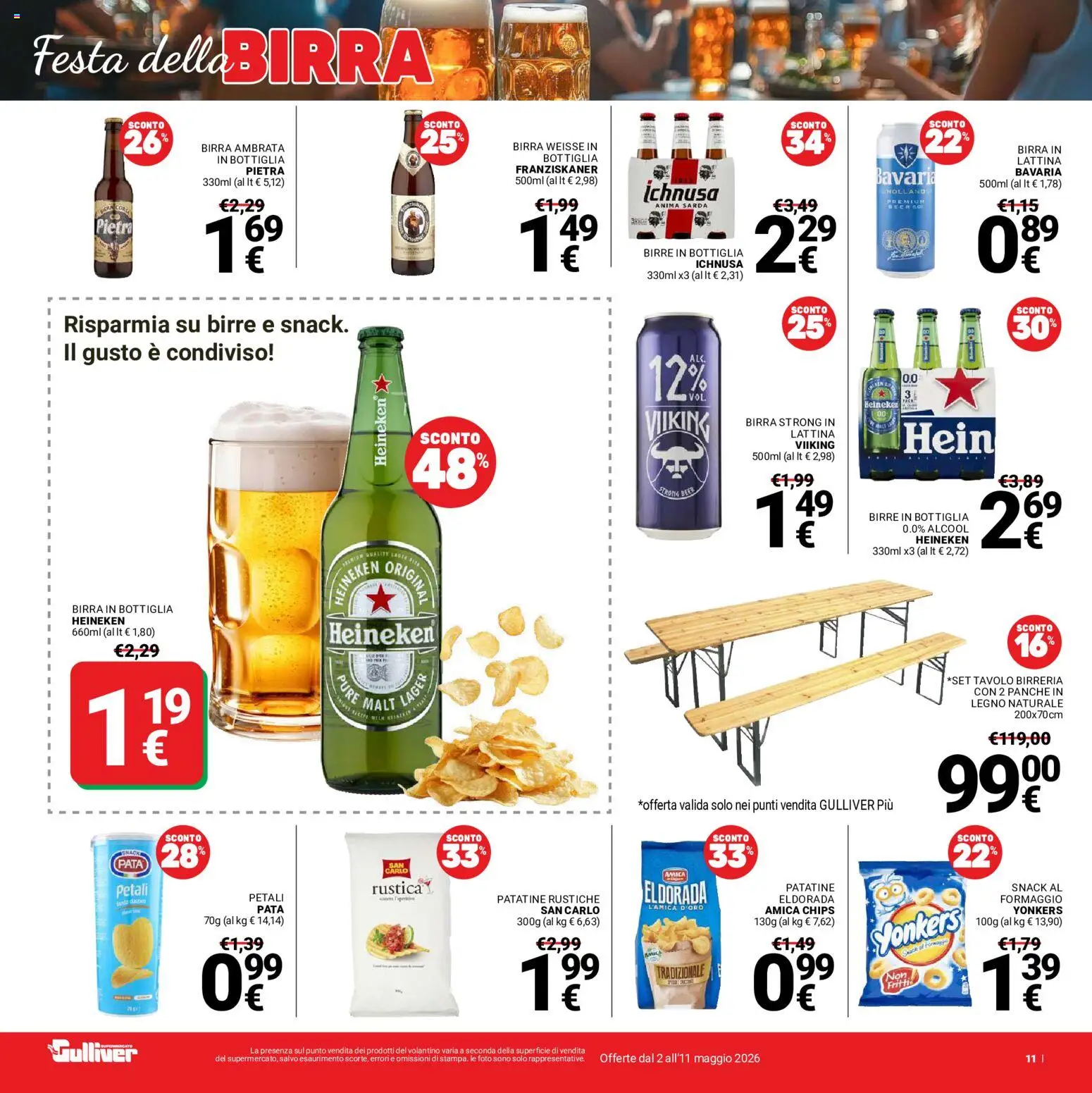 Volantino Gulliver del 02.05.2026 | Pagina: 11 | Prodotti: Patatine, Formaggio, Heineken, Tavolo