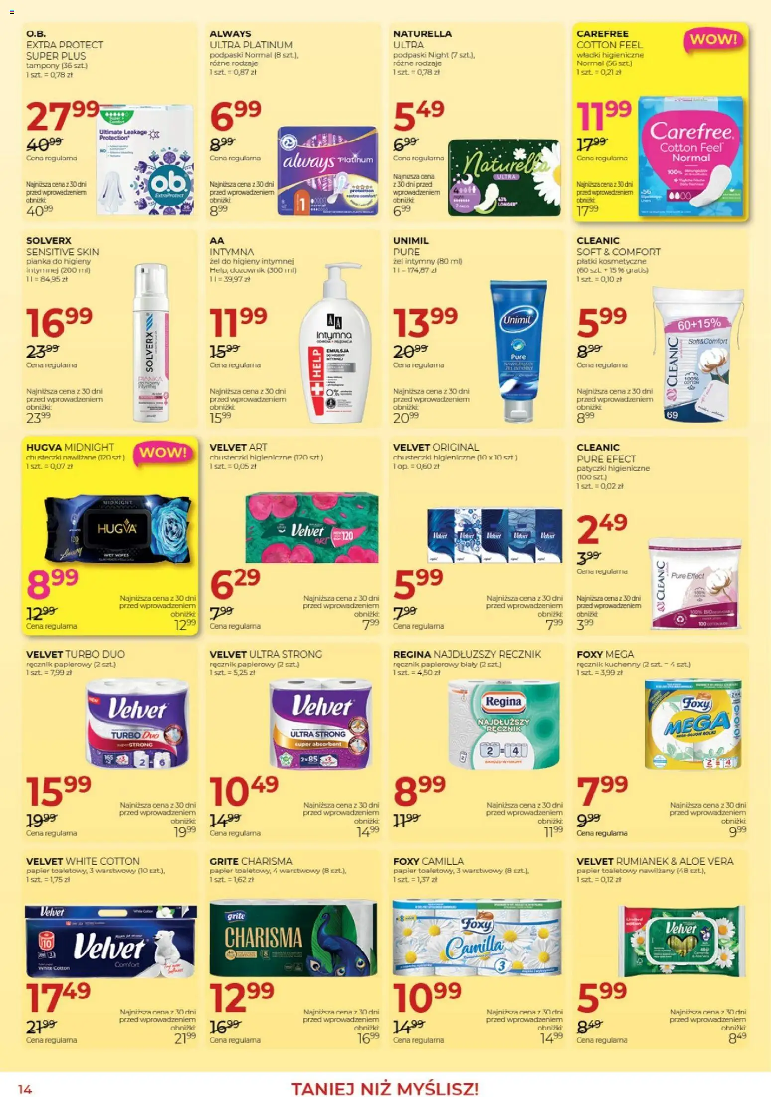 Jawa gazetka od 05.05.2026 | Strona: 14 | Produkty: Tampony, Chusteczki higieniczne, Podpaski, Ręcznik papierowy