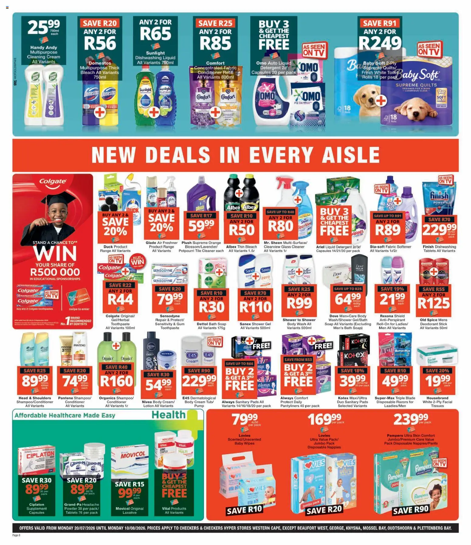 New Checkers catalogue – valid from 20/07/2026 | Page: 8 | Products: Cream, Antiperspirant, Razors, Nappies